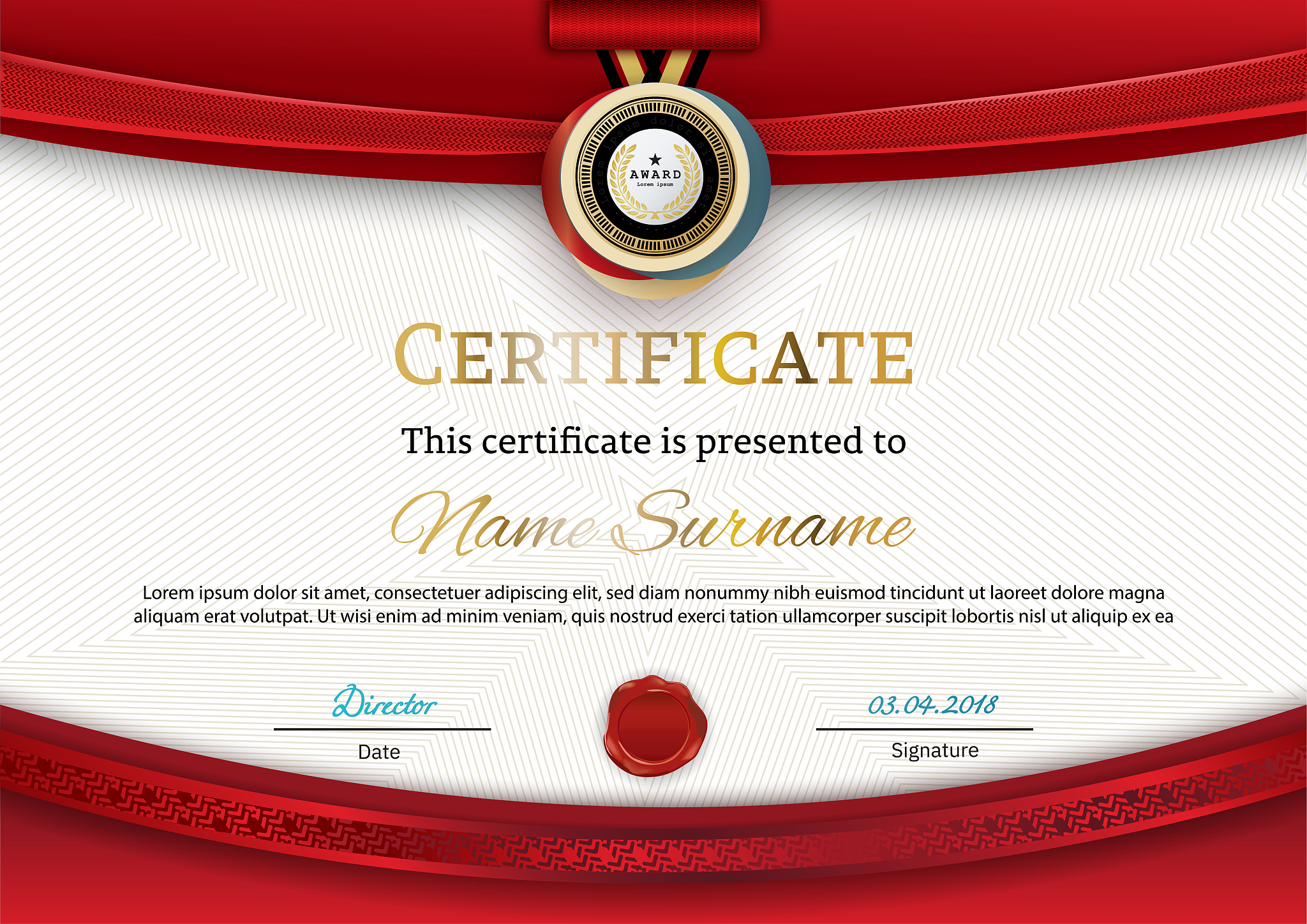 official certificate with red arc design elements. modern blank