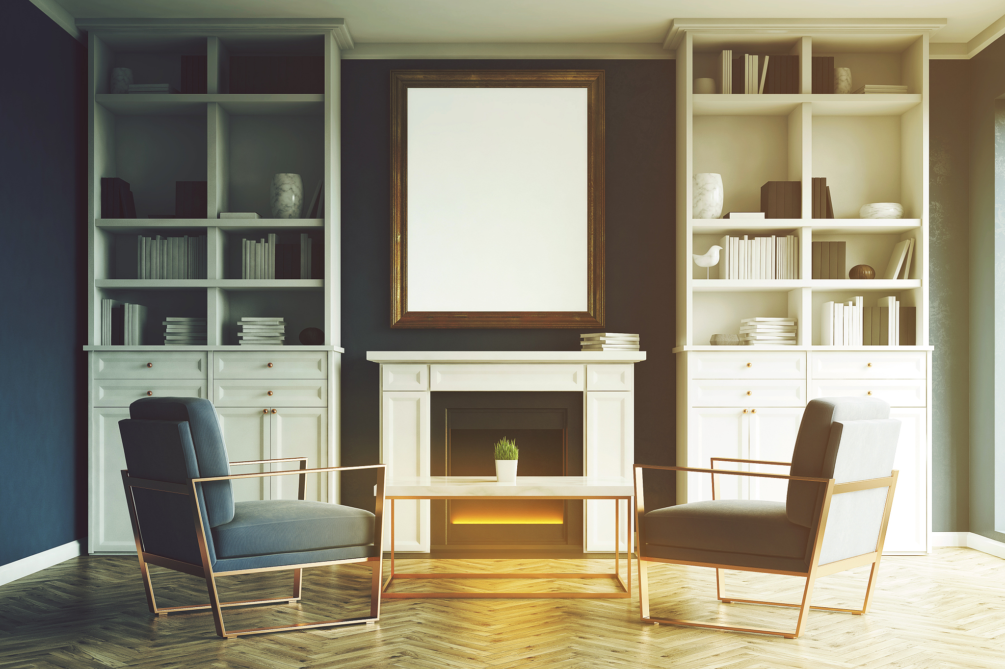 living room with fireplace, blue armchairs, toned