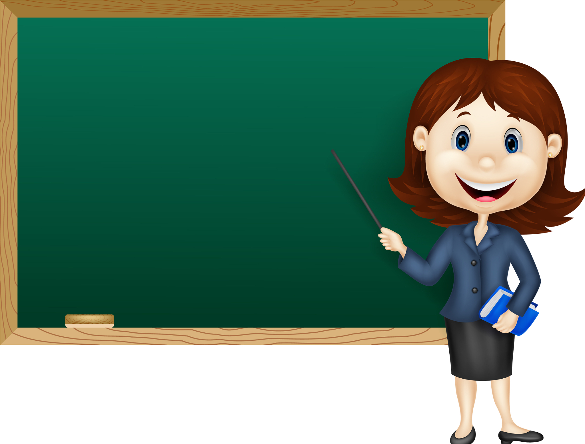 cartoon female teacher standing next to a blackboa
