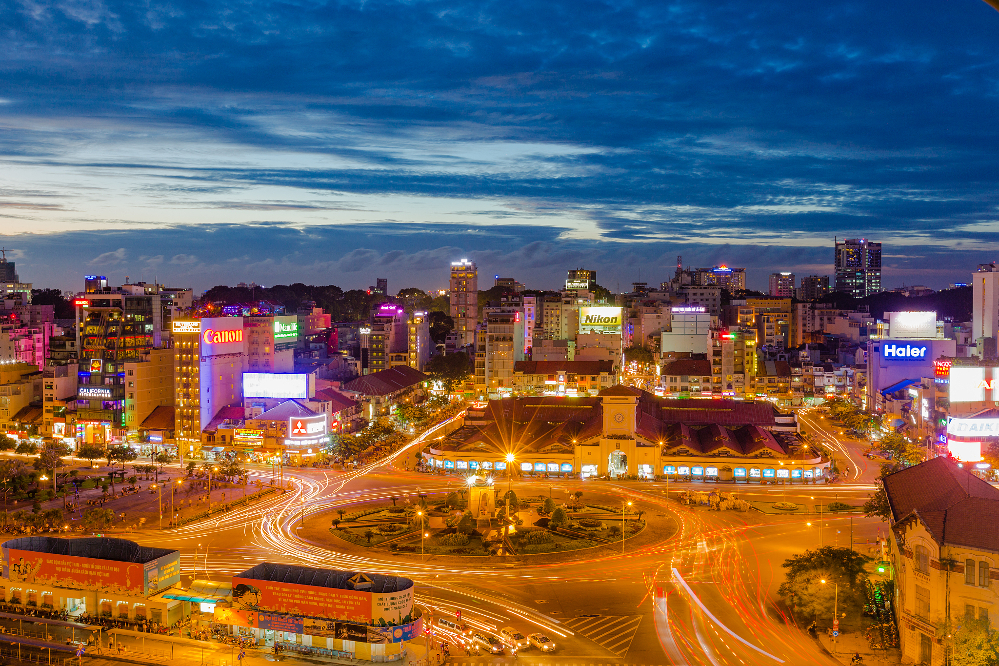 ben thanh market was taken from above at night with lights. ben 
