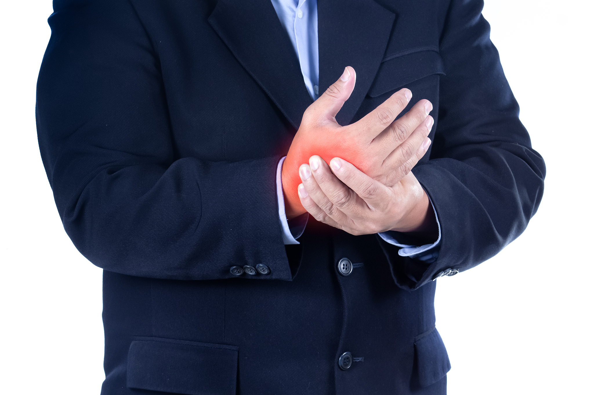 businessman with hand pain on white background