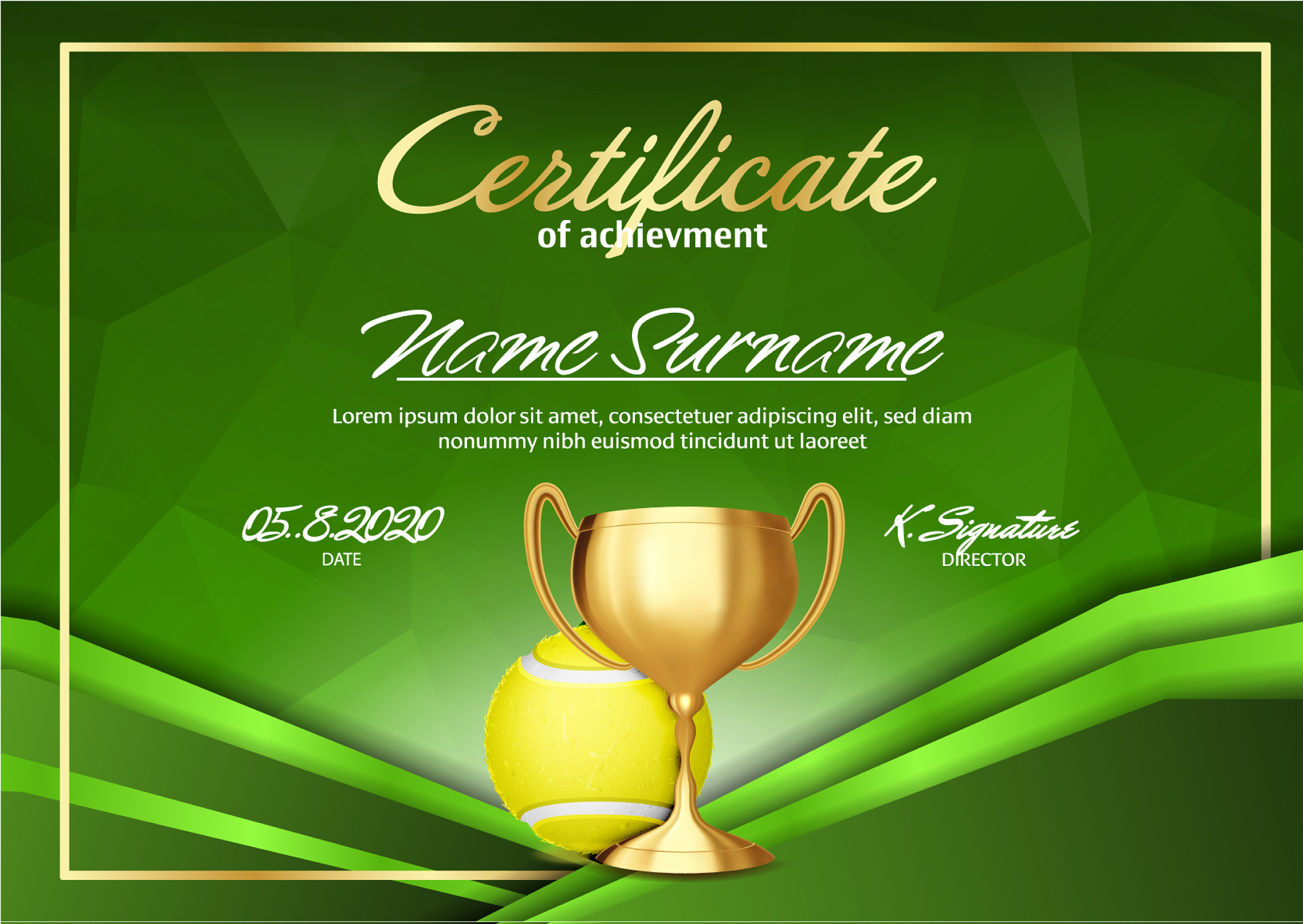 tennis game certificate diploma with golden cup