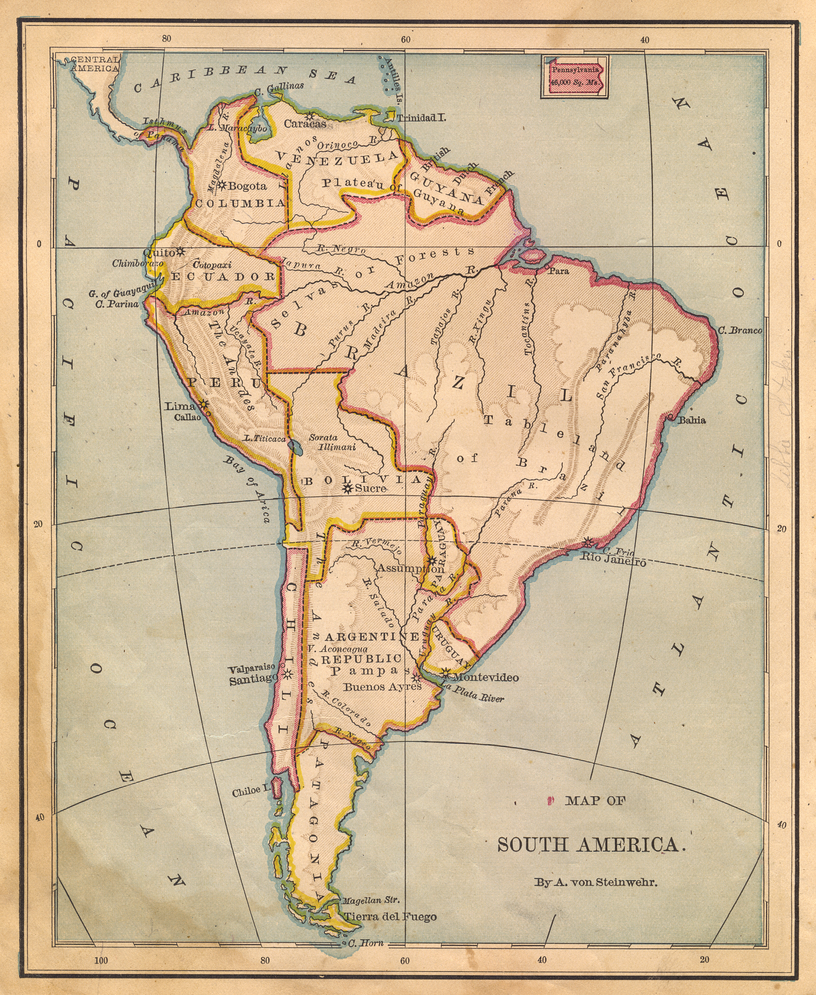 old color map of south america, from 1800's