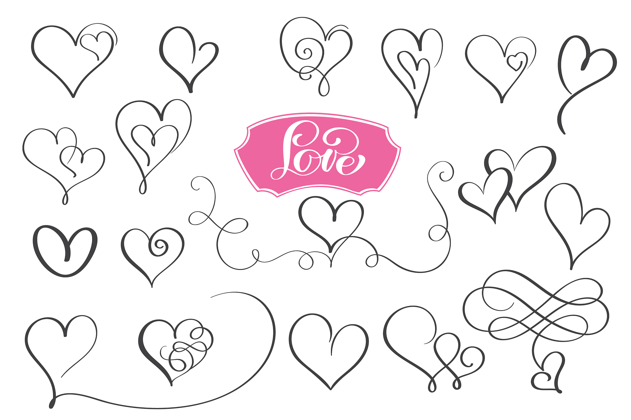 set of hand drawn sketchy calligraphy hearts