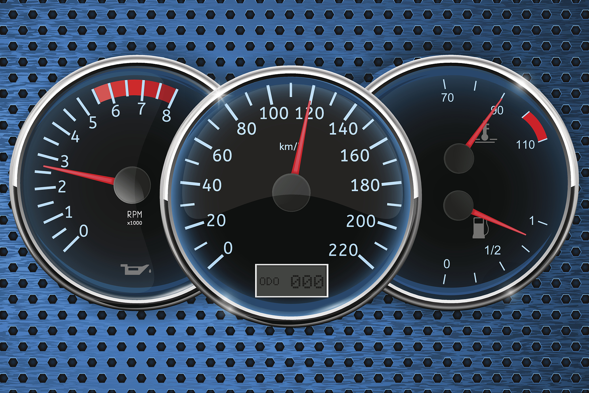 speedometer, tachometer. car dashboard on blue perforated backgr