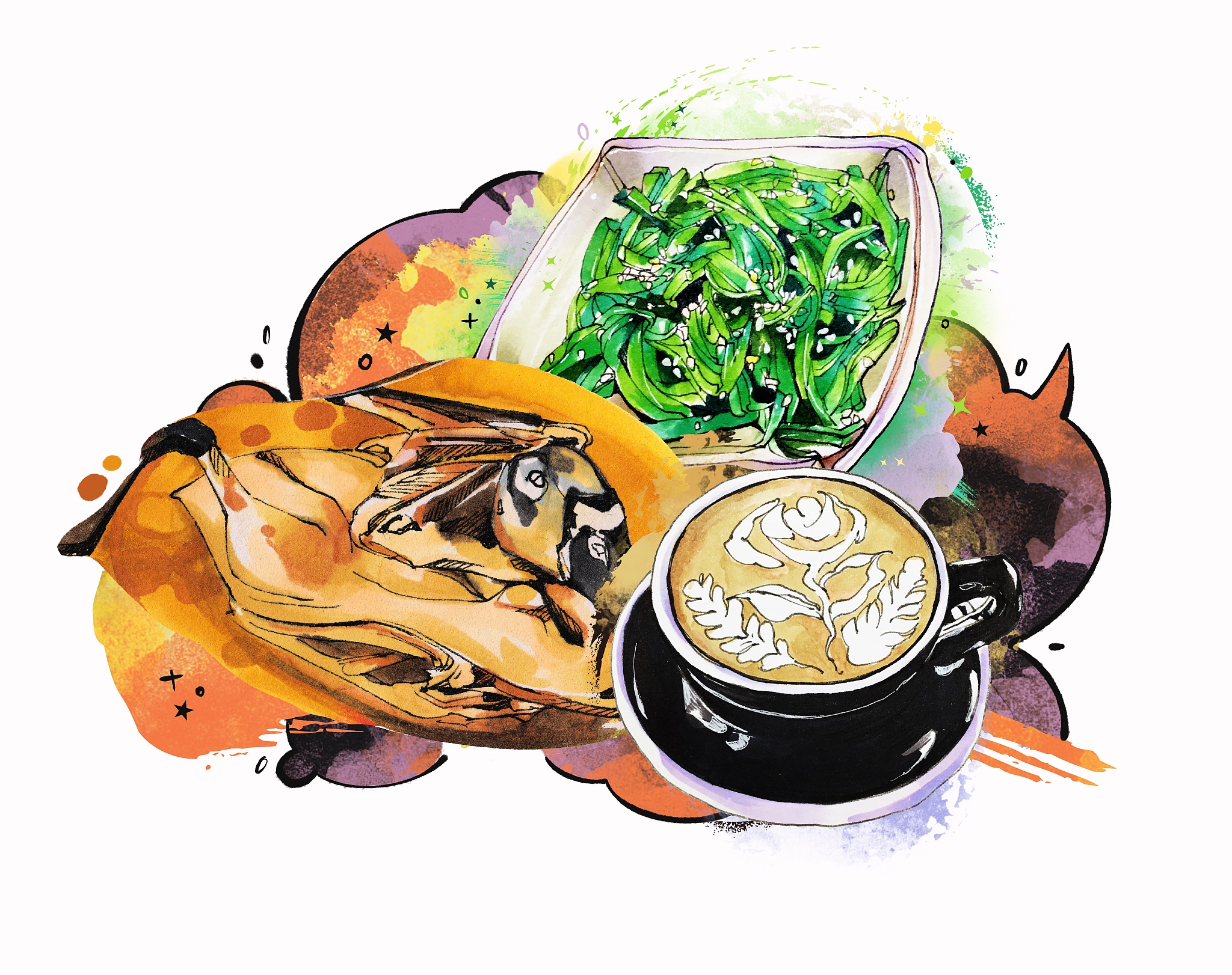 美食手绘插画  健康蔬菜绿色食品 套餐海报 海草咖啡鸭肉