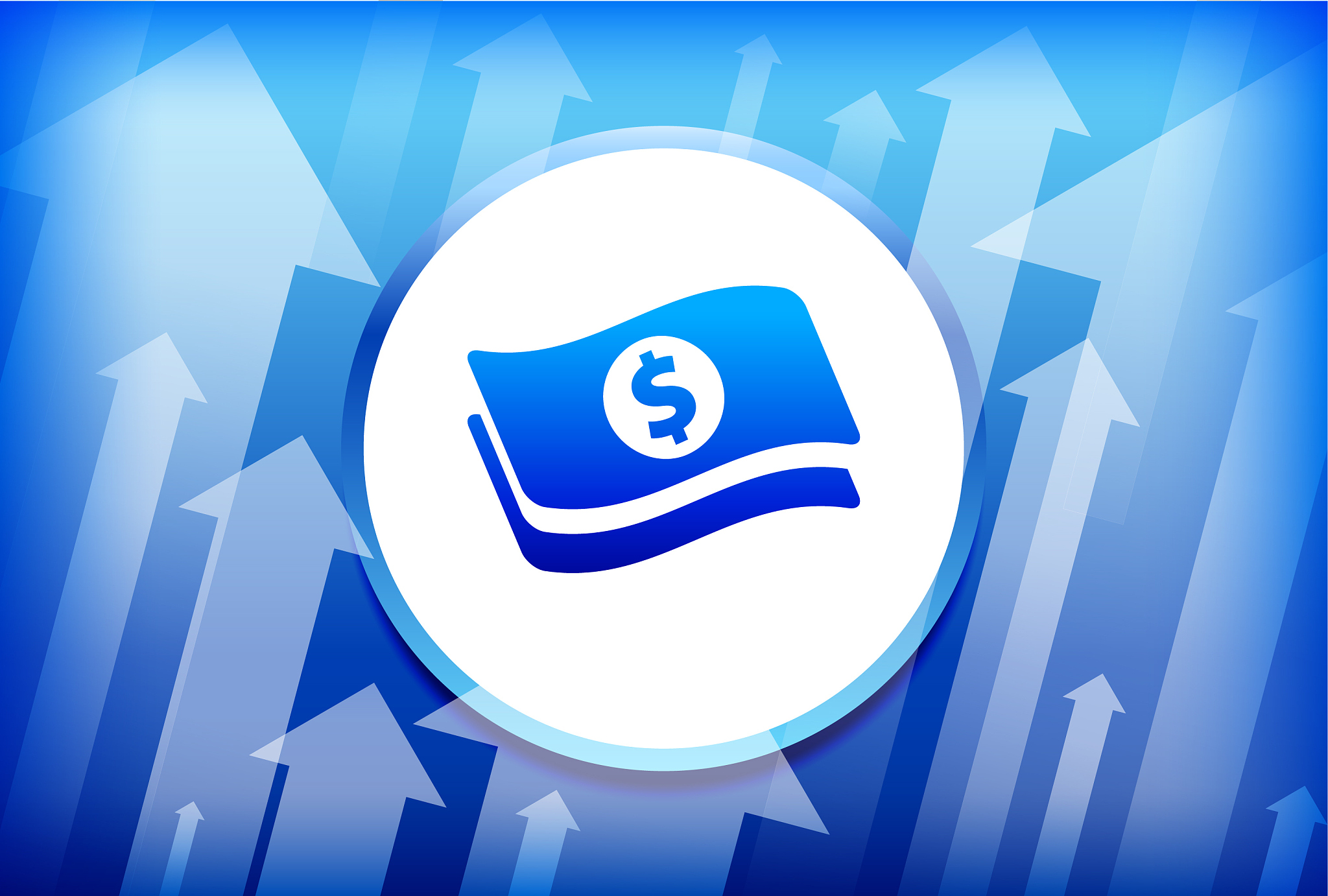 dollar bills blue up arrows background