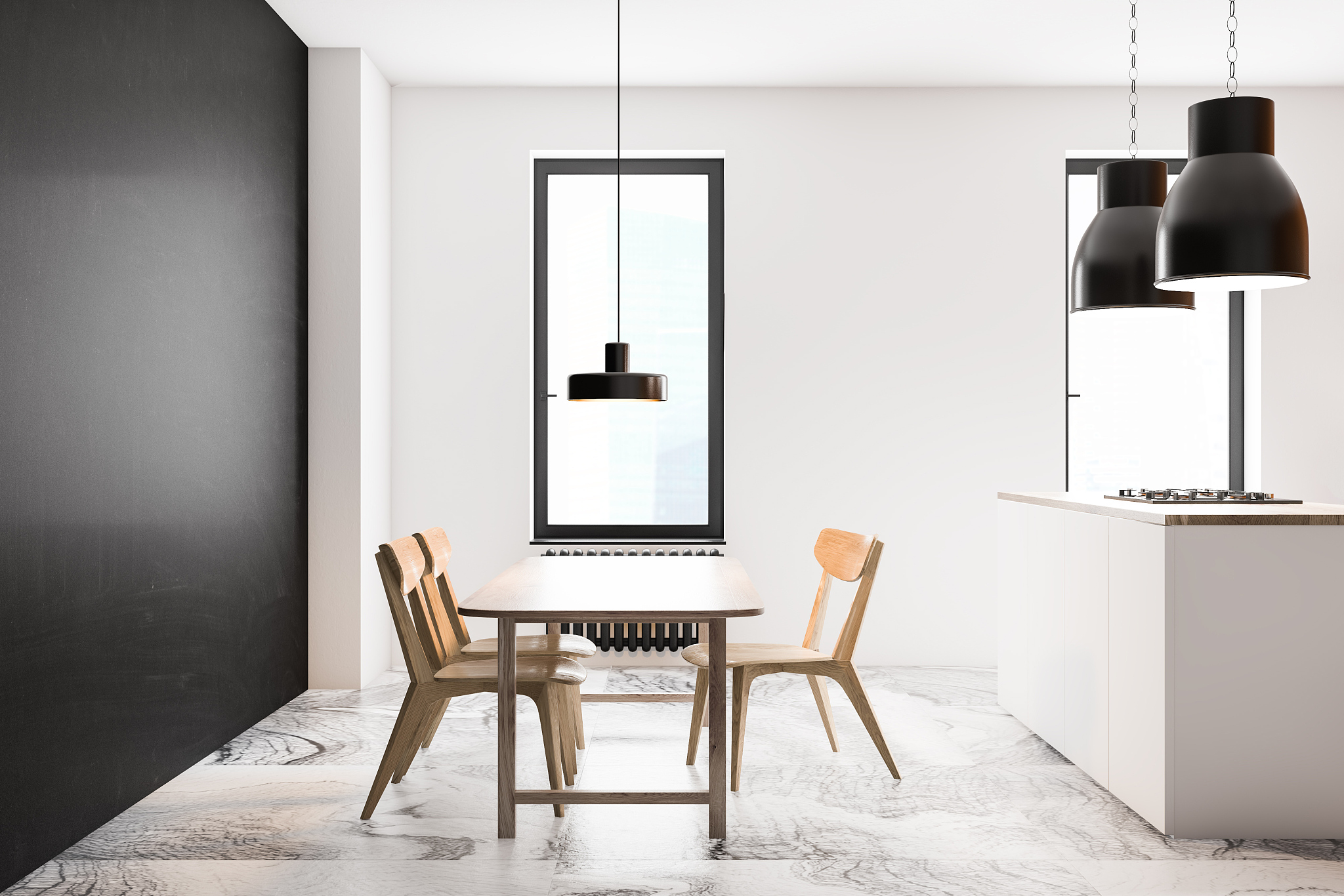 white and black kitchen interior with dining table