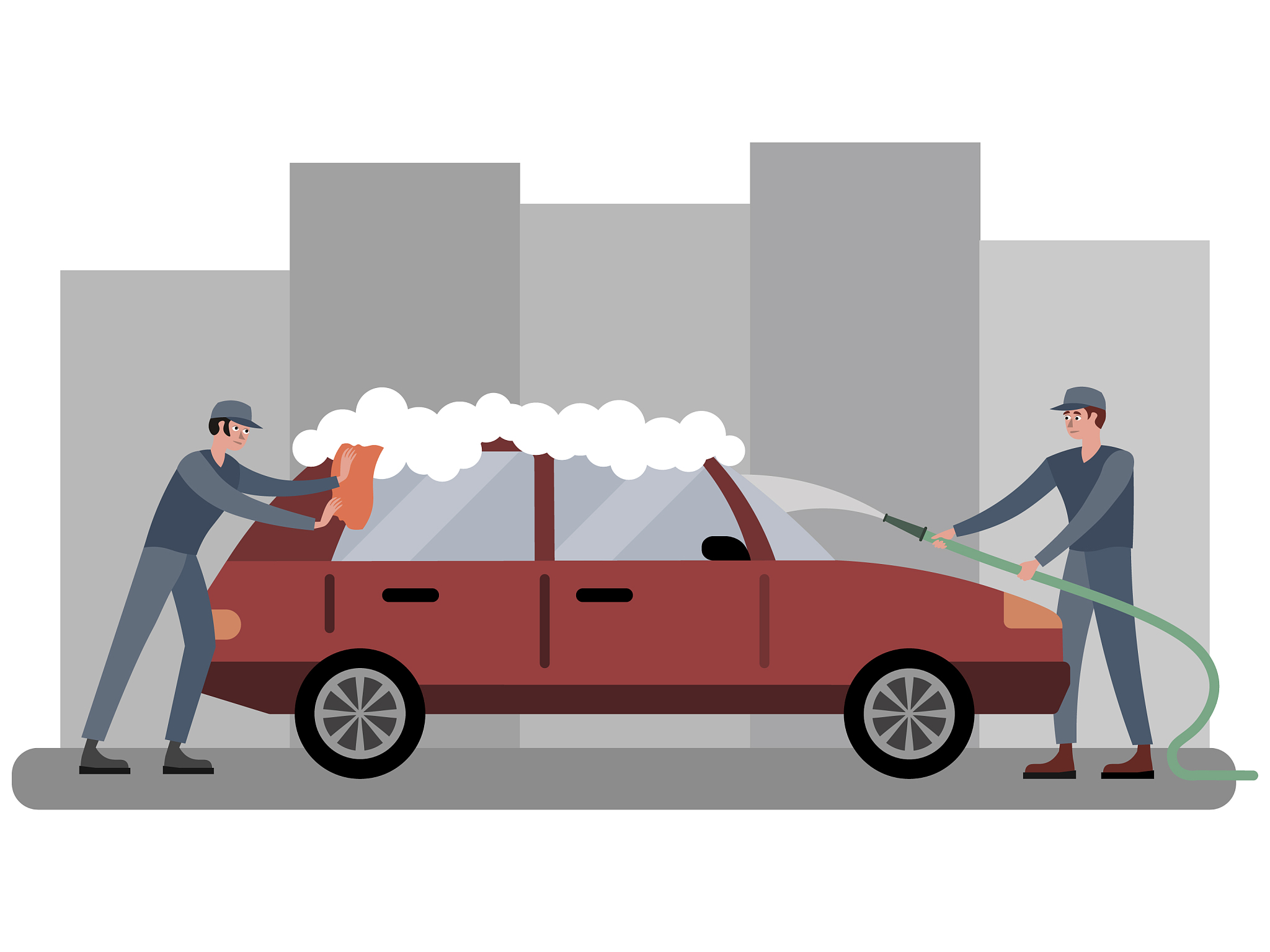 car wash two employees wash automobile in red