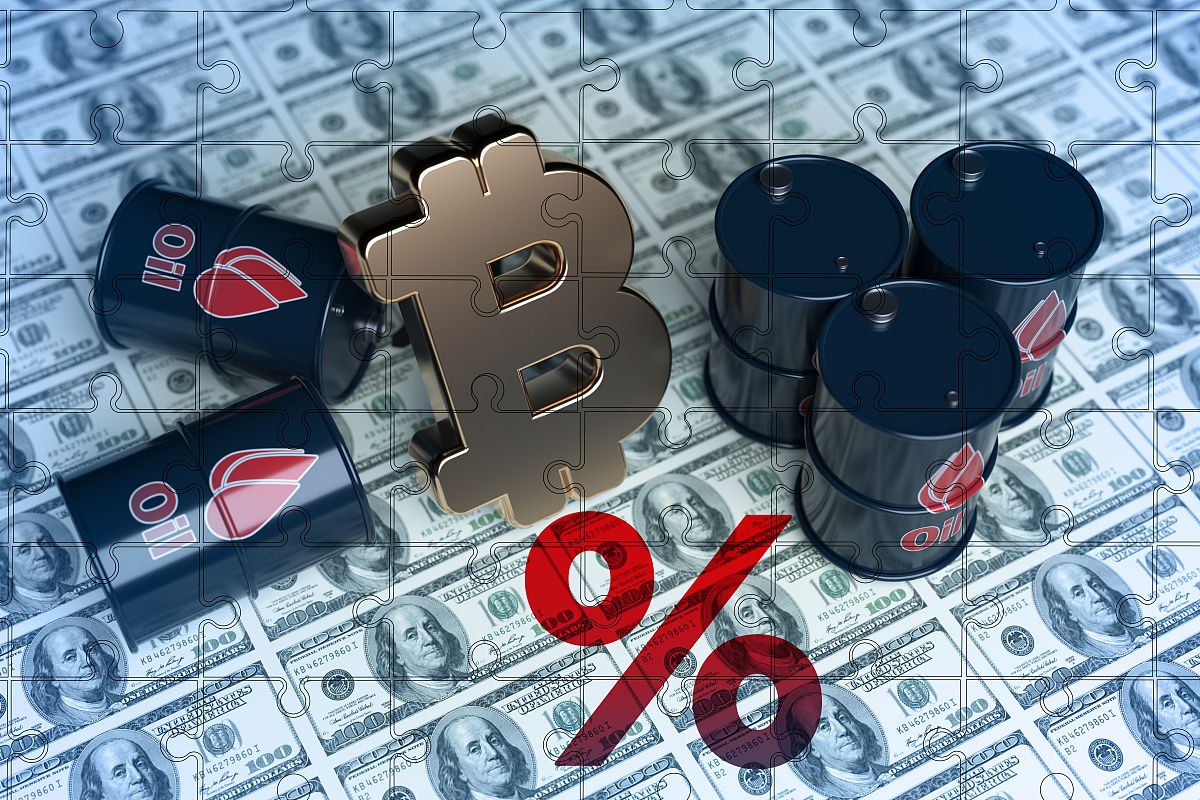 黄金比特币符号石油桶百分比符号.