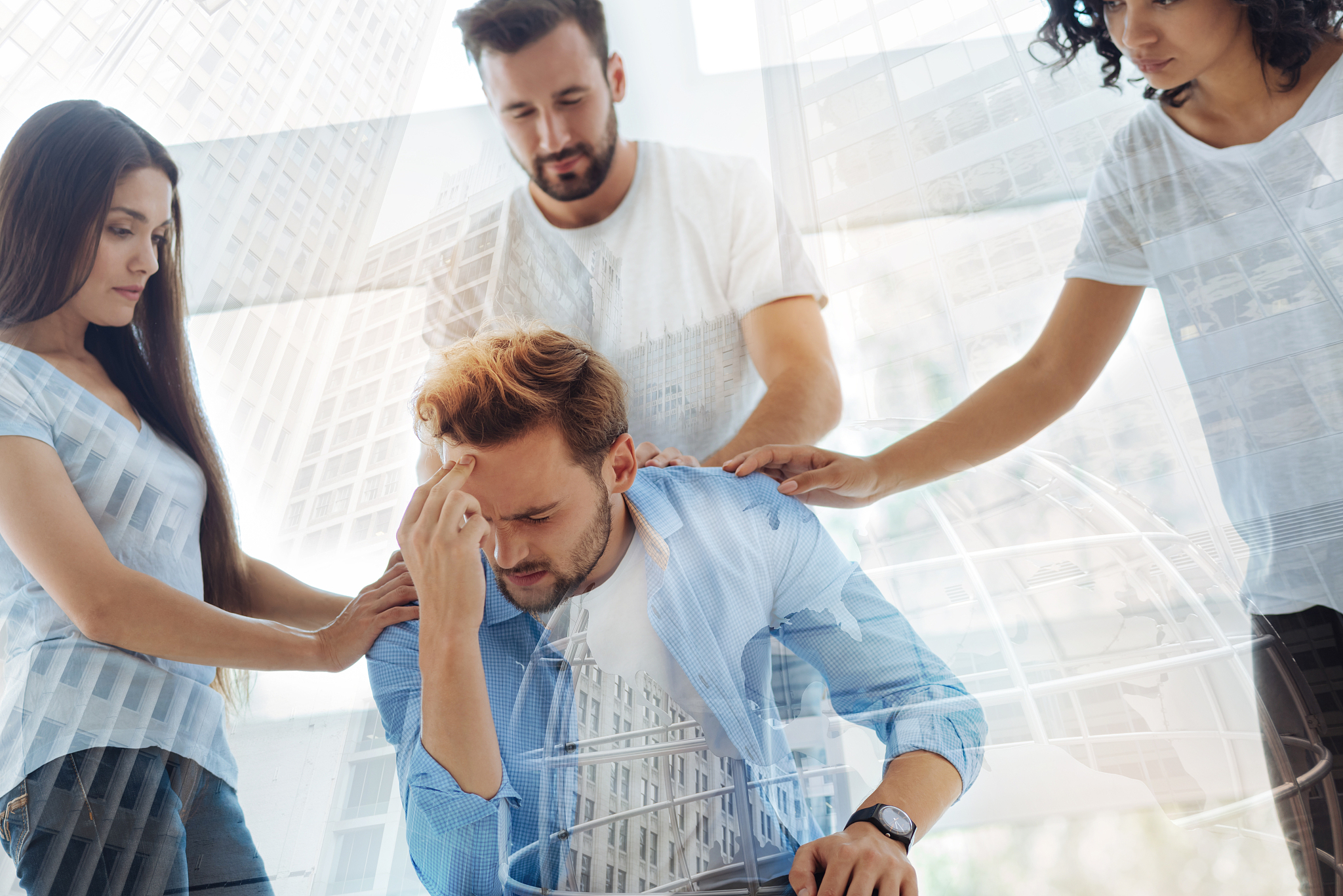 dissatisfied young man being supported by his friends