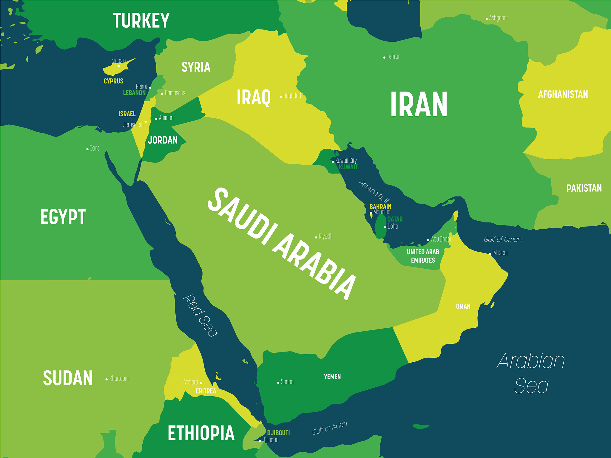 middle east map - green hue colored on dark