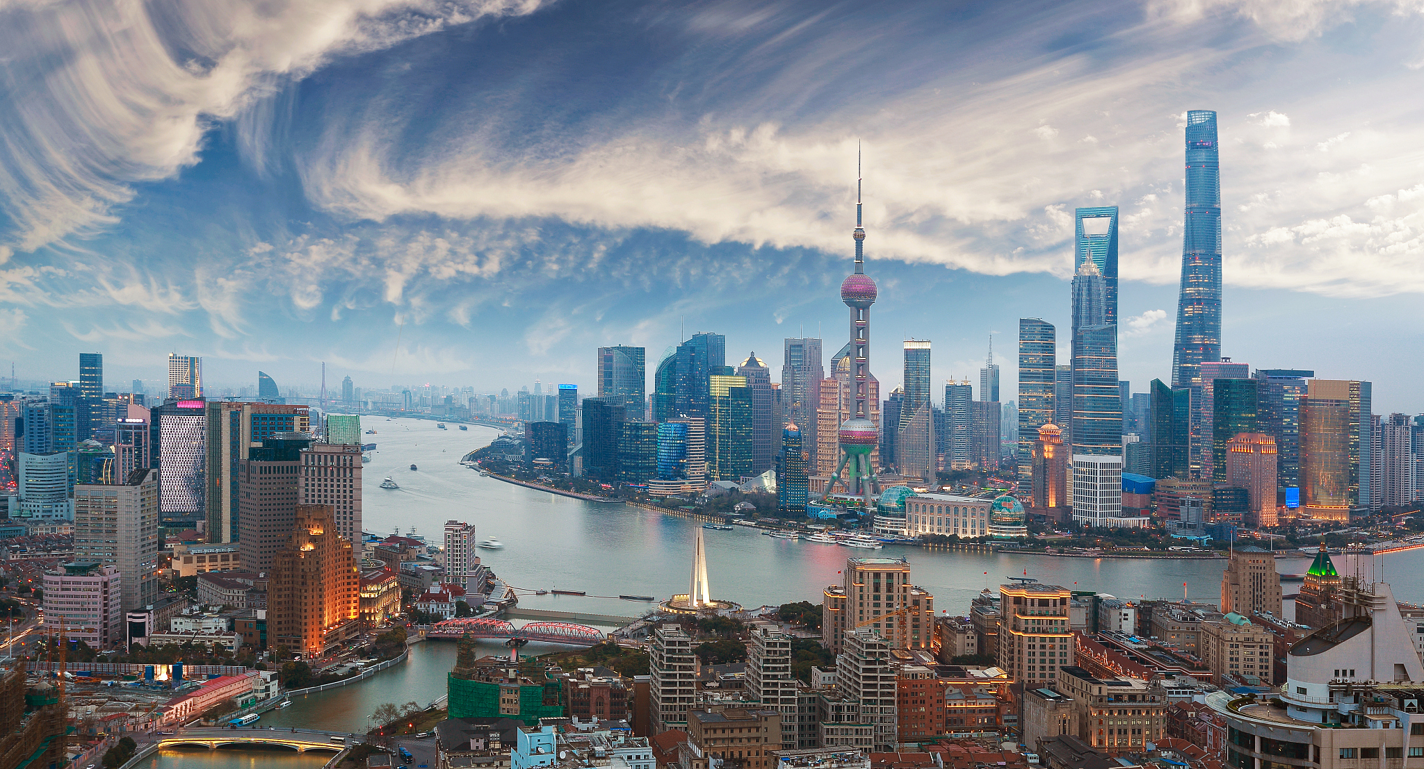 aerial photography at shanghai bund skyline of twilight