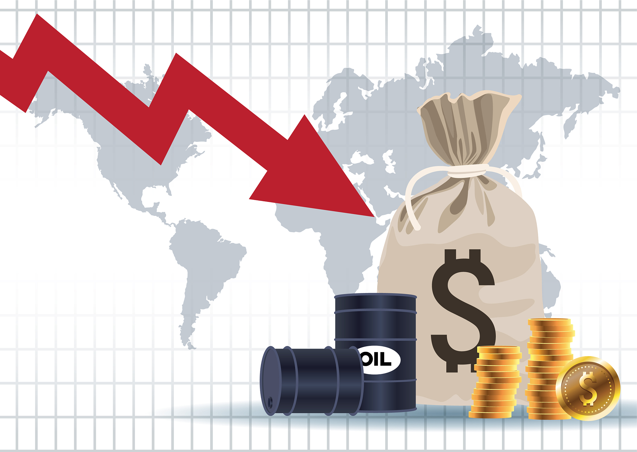 oil price market with barrels and coins money bag