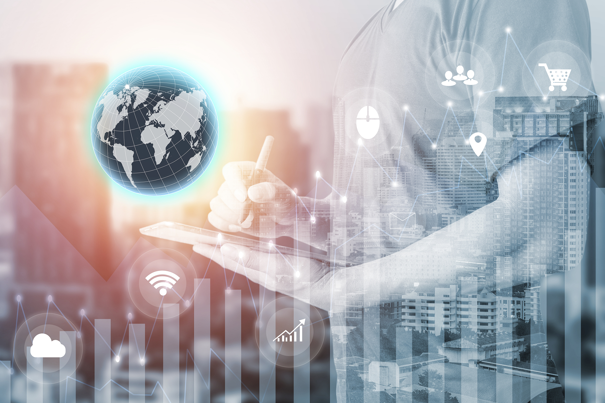 double exposure of man using digital tablet and cityscape