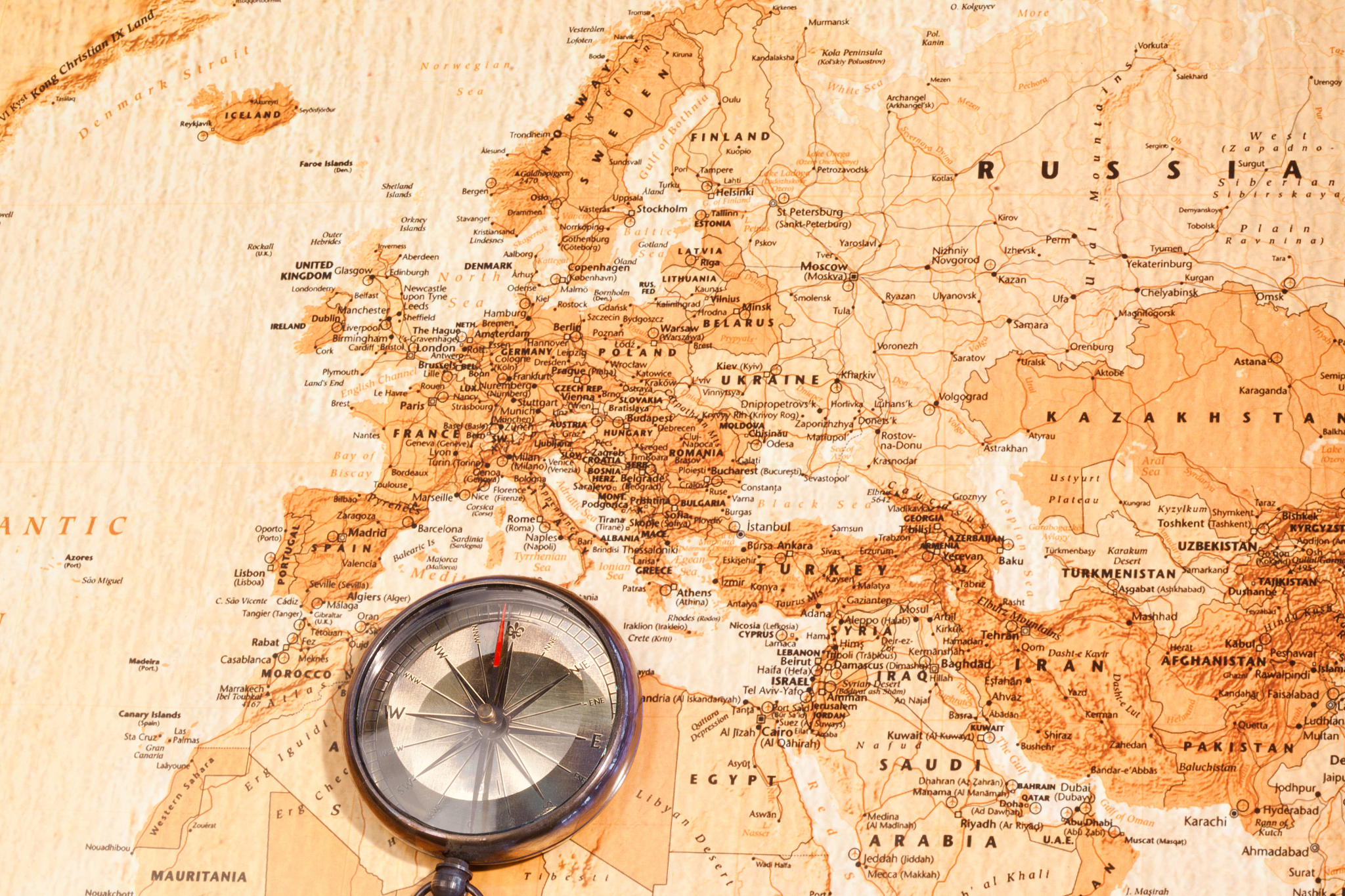 world map with compass showing europe and the middle east