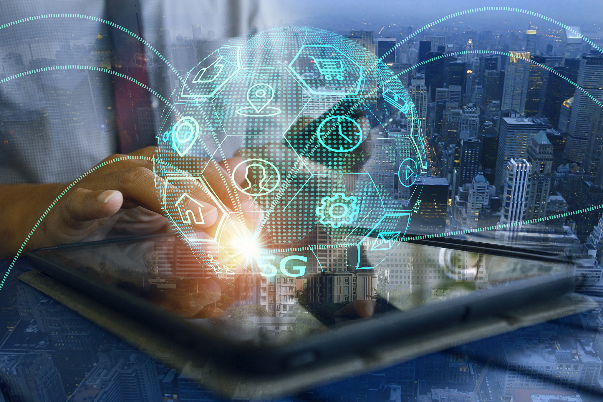digital composite image of businessman using digital tablet with