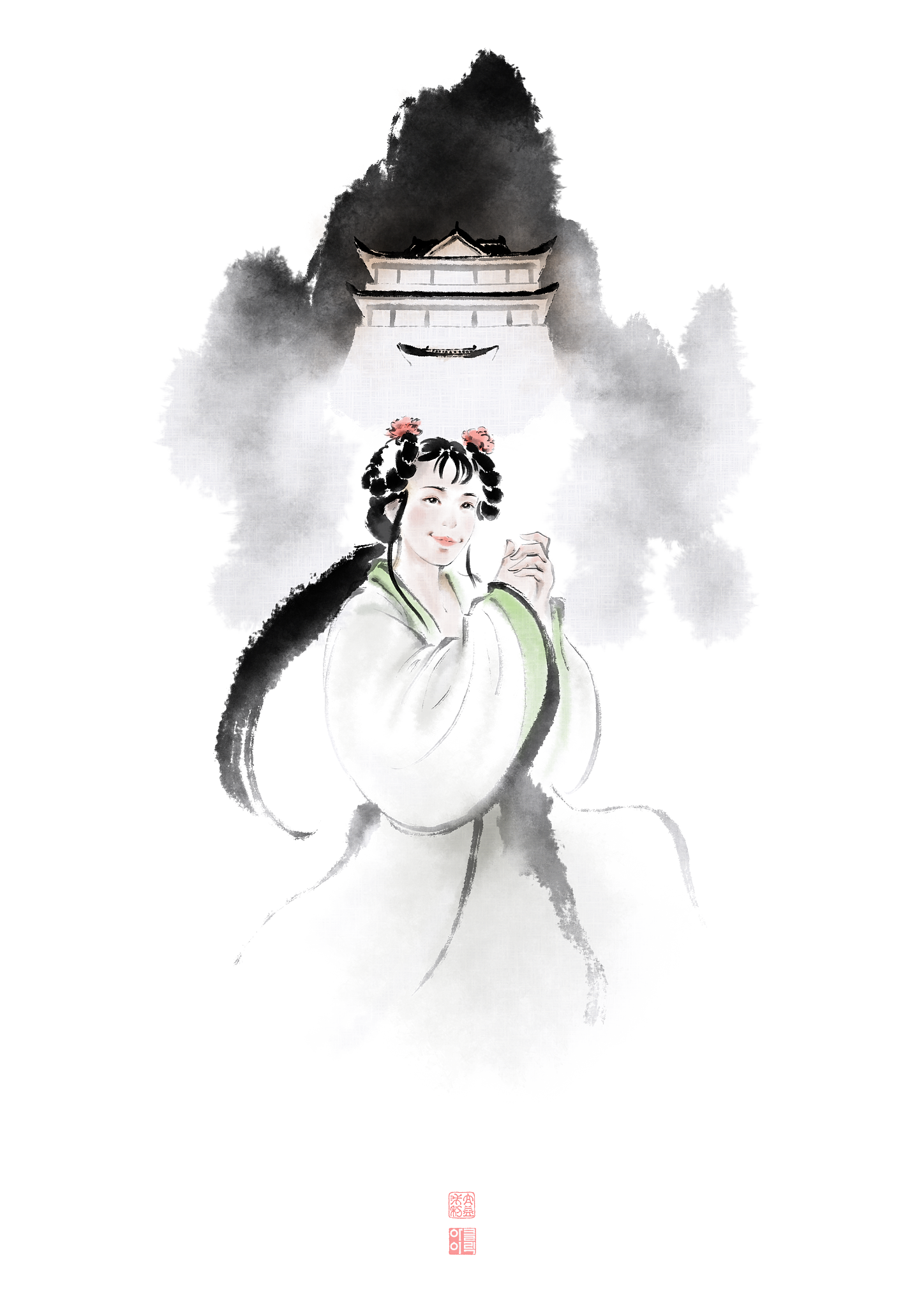 我要画一个国风美女请分别给出正反提示词用英文