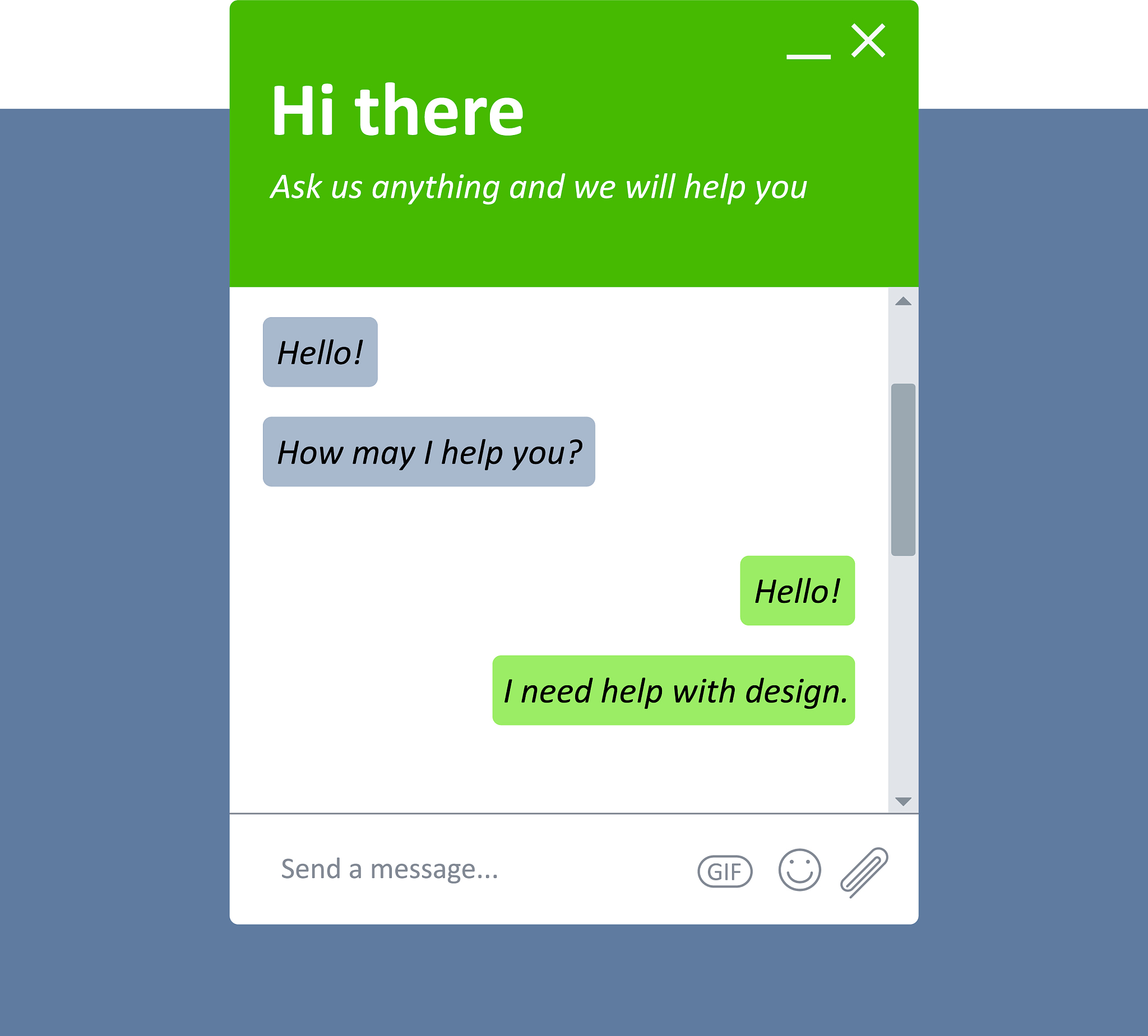 simple and modern live chat window for a websites