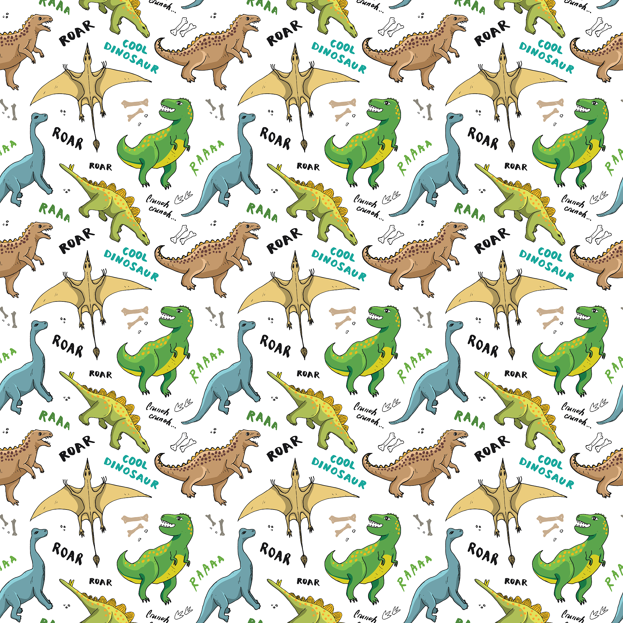 dino seamless pattern, cute cartoon hand drawn dinosaurs doodles
