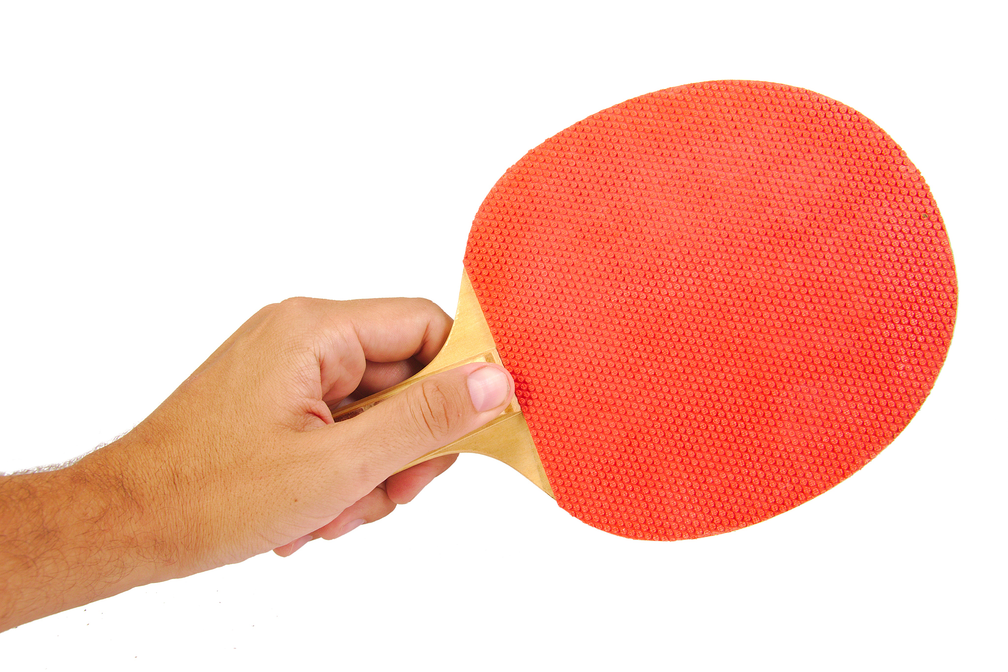 hand holding a tennis racket isolated on white background