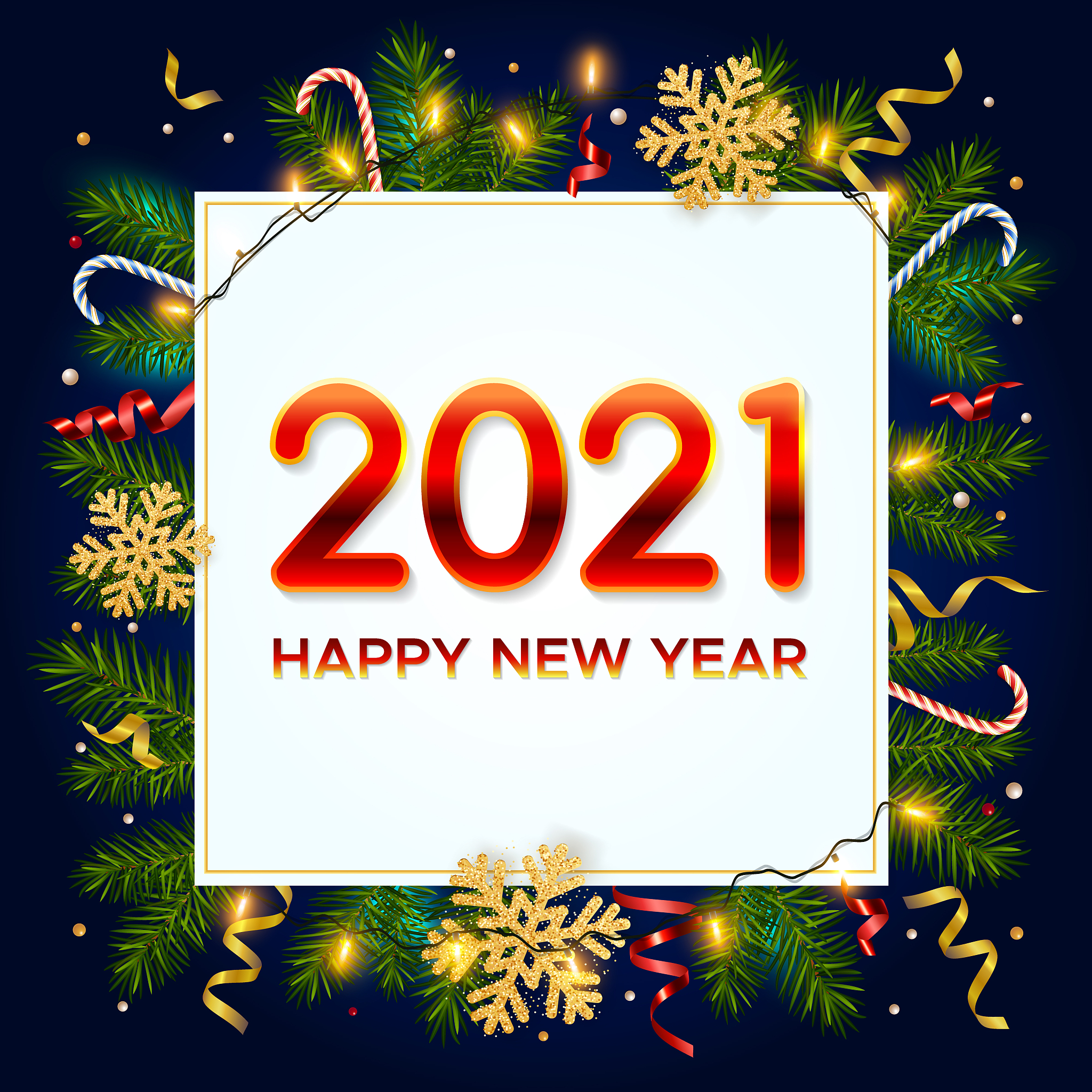 new year 2021 background with pine branches, golden snowflakes, 