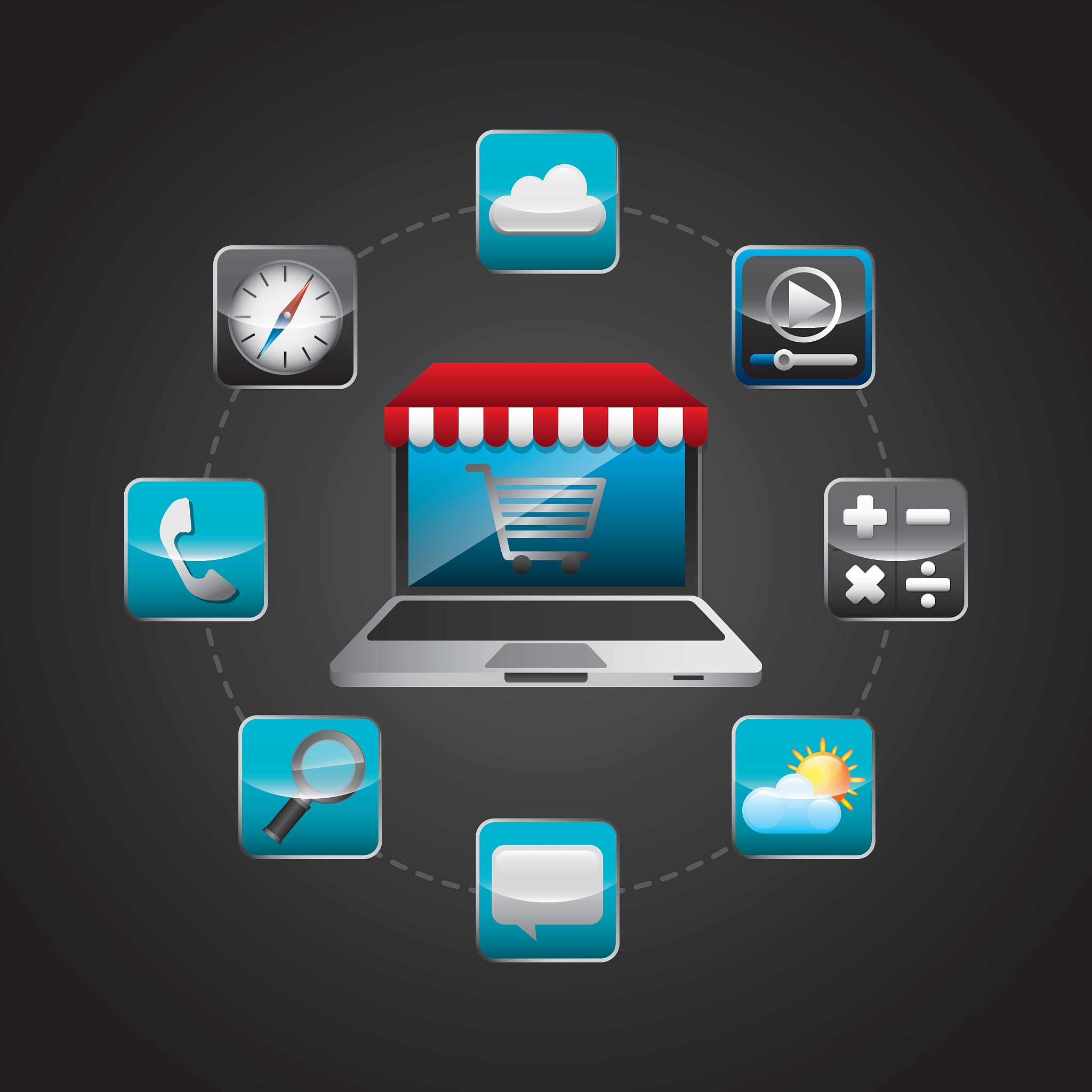 laptop and icon set social media design