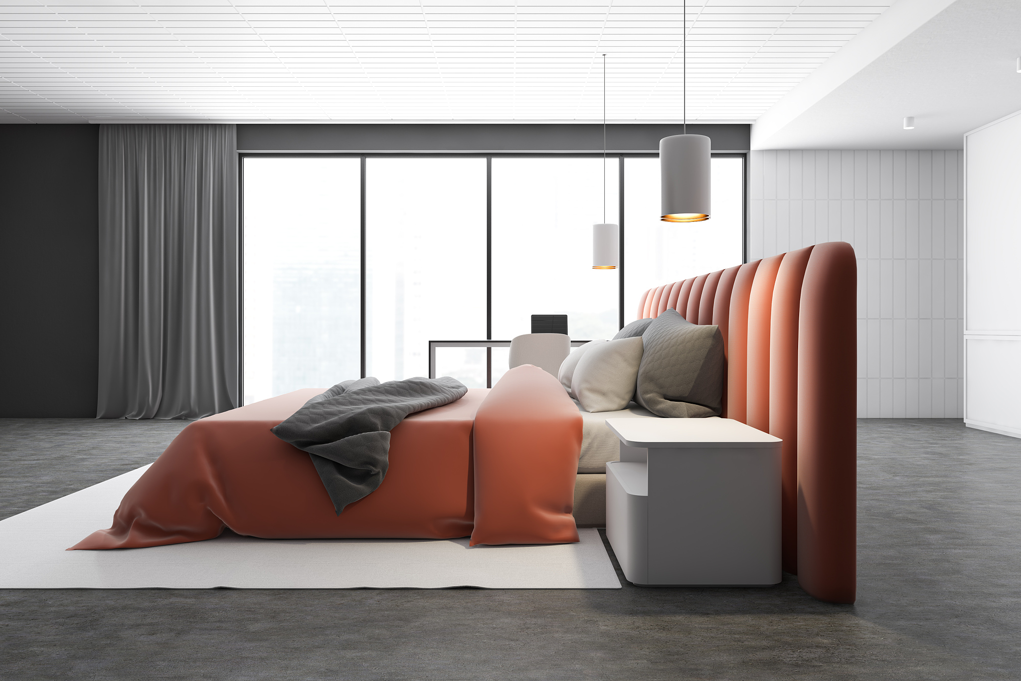 side view of white master bedroom with home office