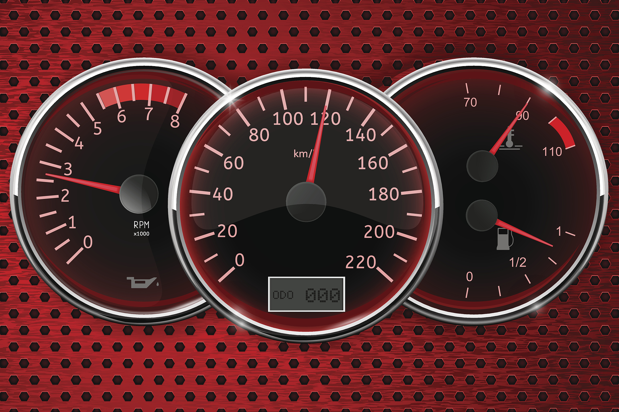 dashboard: speedometer, fuel gauge, tachometer