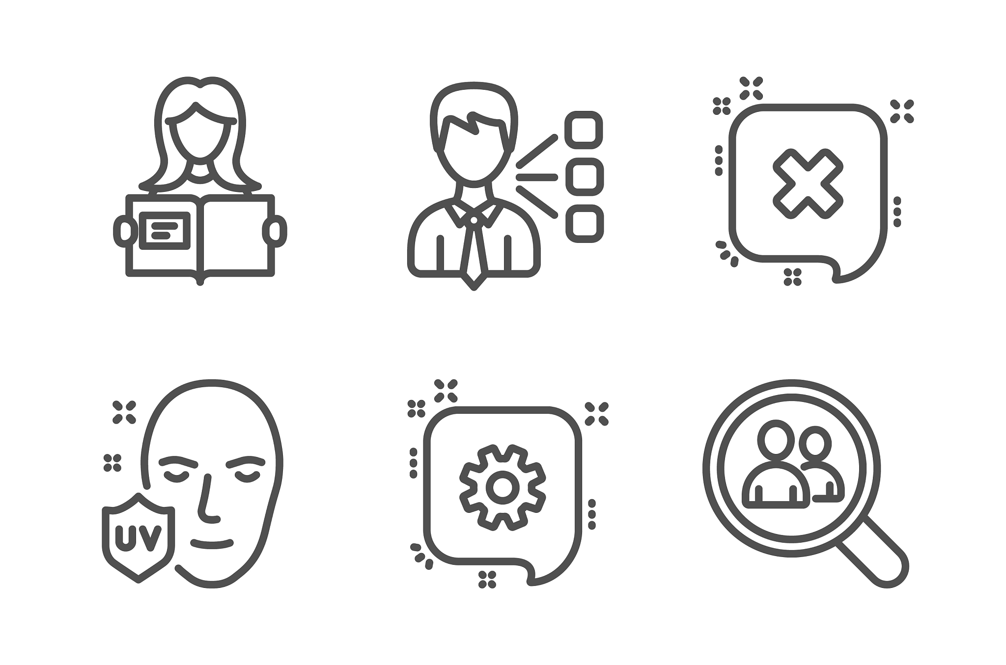 third party cogwheel and woman read icons set uv