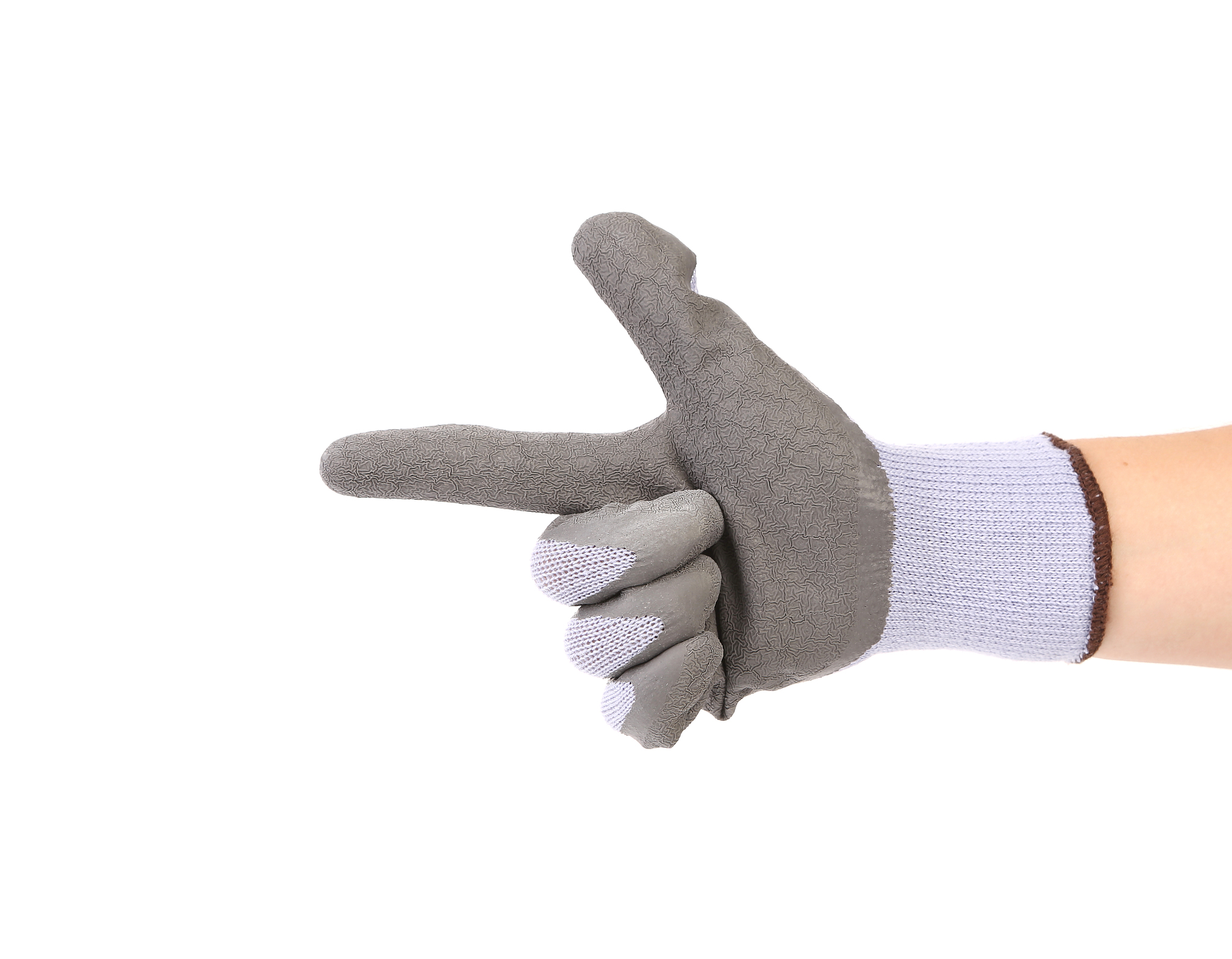 hand in glove showing one finger.