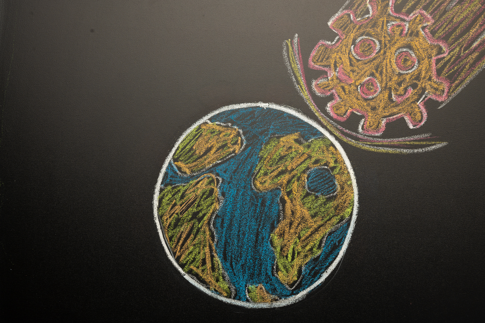 drawn earth with a falling comet in the form of a coronavirus. c