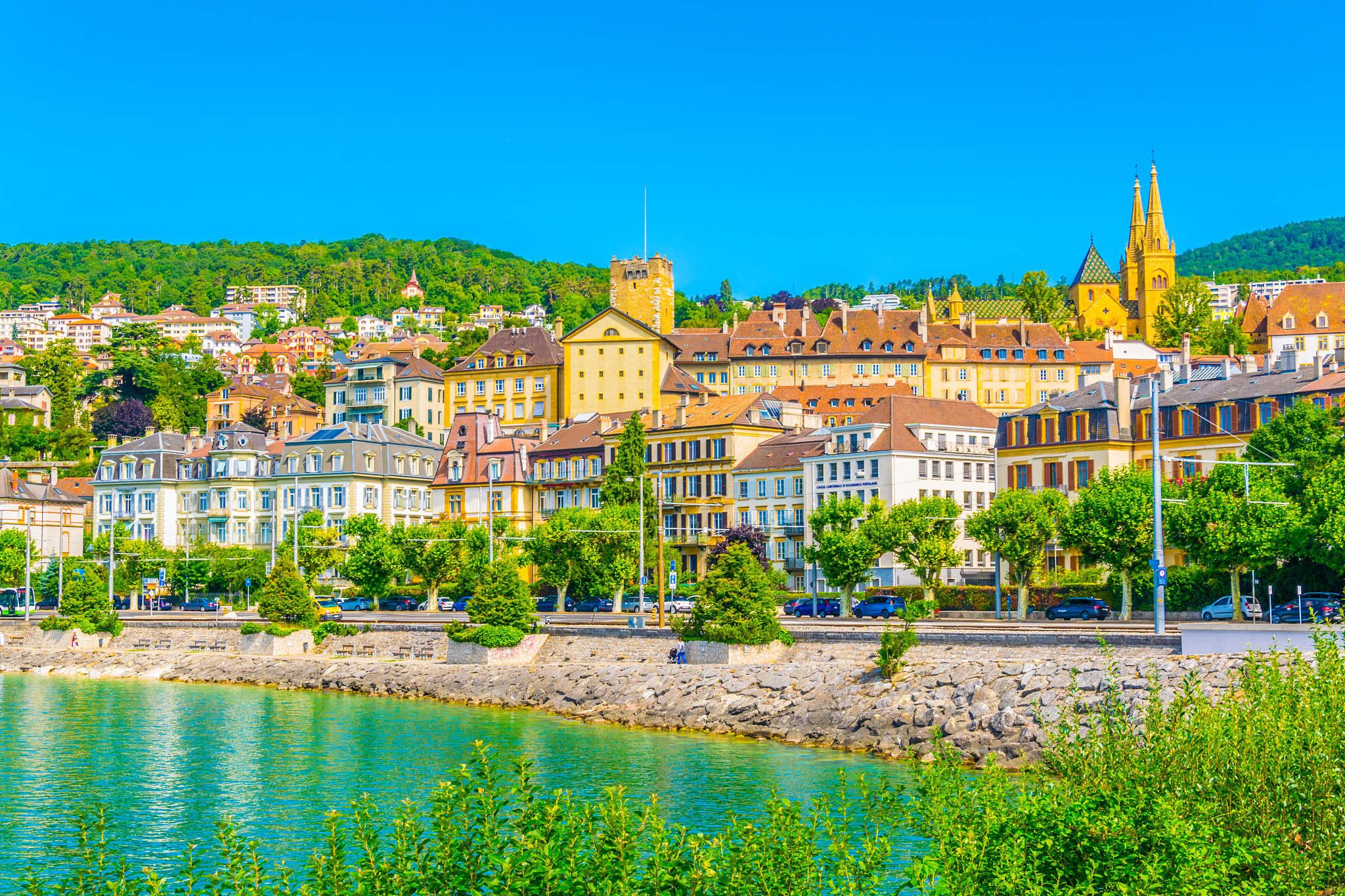 neuchatel town situated next to the neuchatel lake, switzerland
