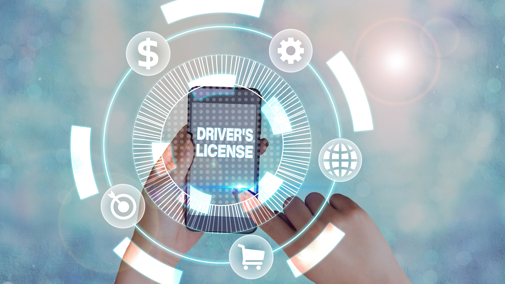 digital composite image of hand holding smart phone against abst