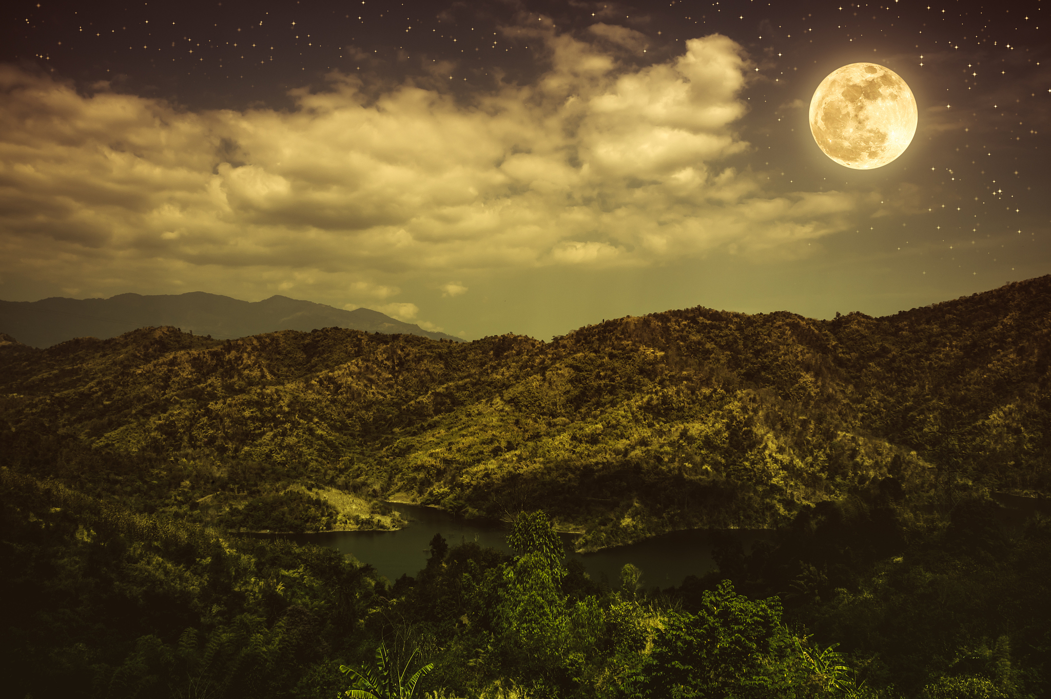 深夜圆月下有座山有漫天荧光照亮山下的稻田描述当前情景要求简洁