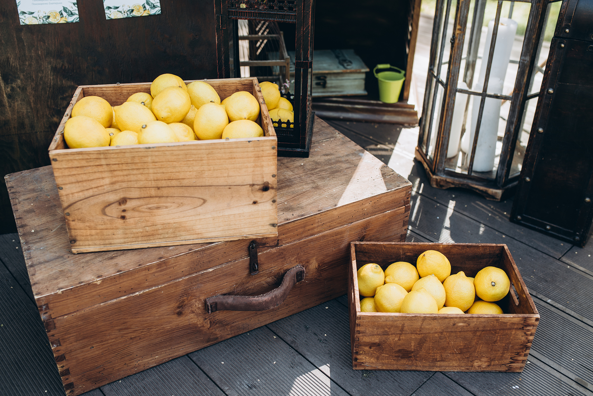 festive decoration. fresh useful lemons in wooden boxes