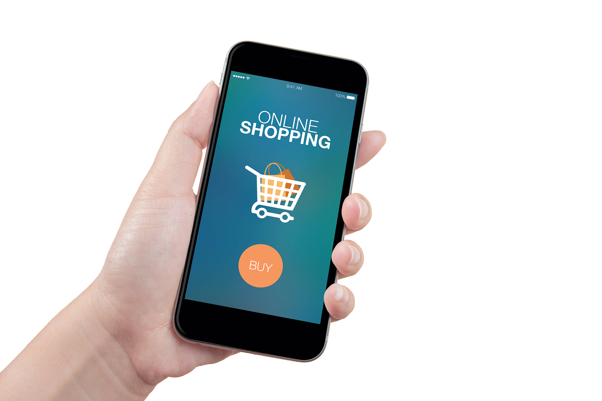 woman hand holding the phone with online shopping screen, isolat
