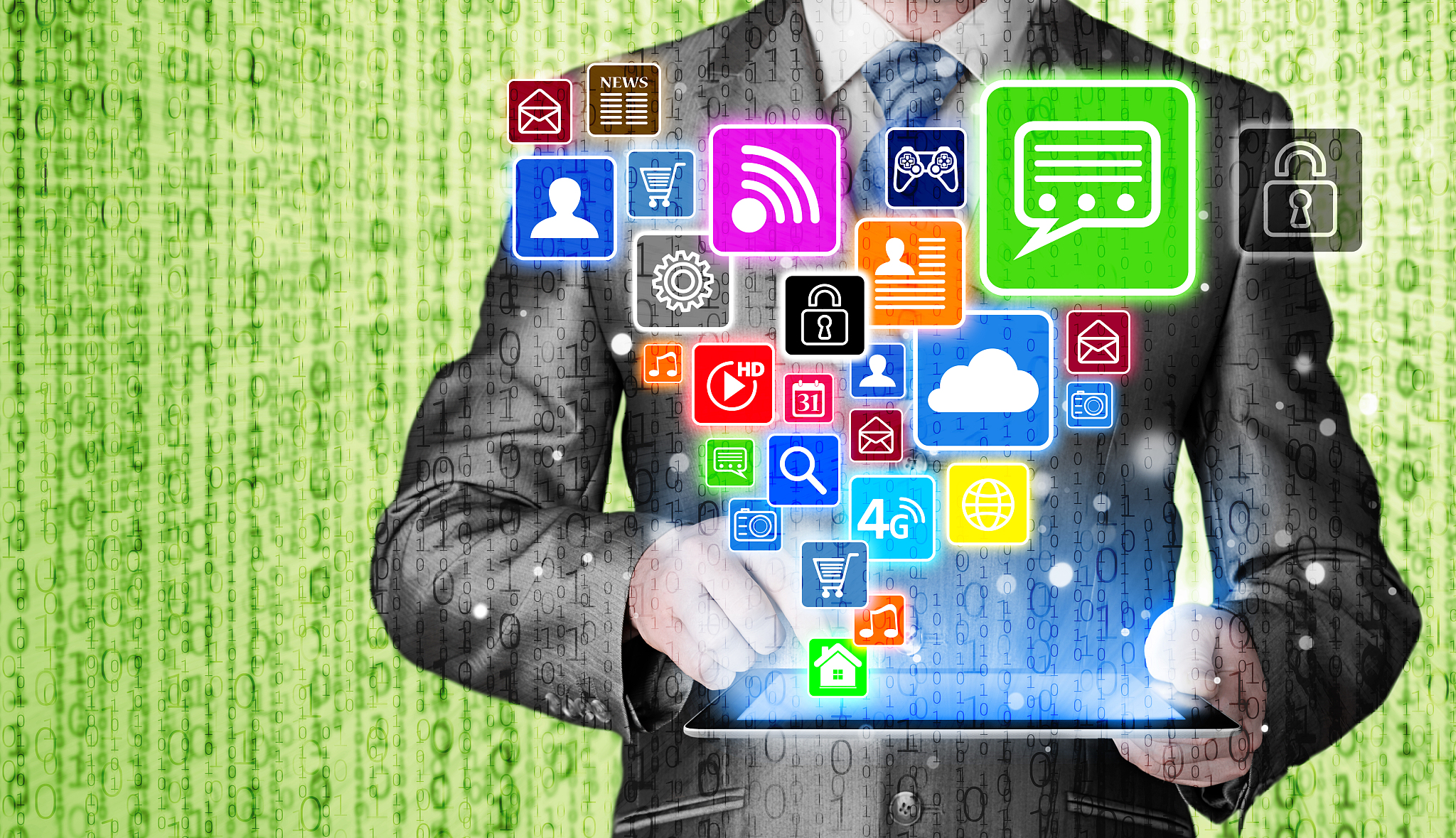 business man using tablet pc with social media icon set