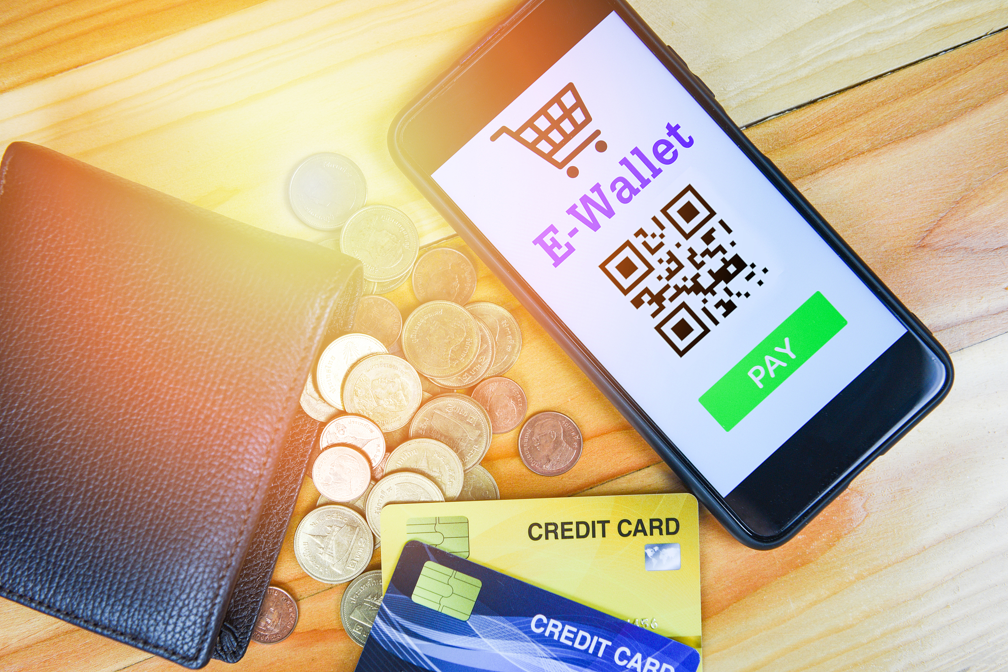 e wallet app on smartphone with credit card and coin in wallet t