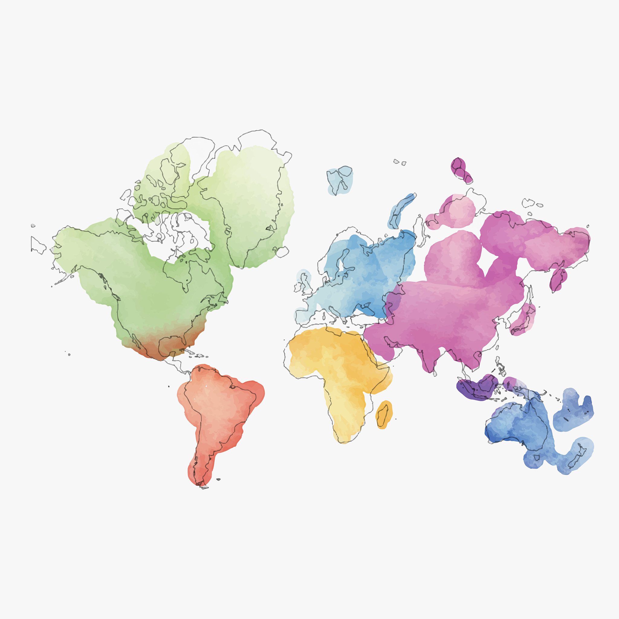 world map continents in watercolor paintings