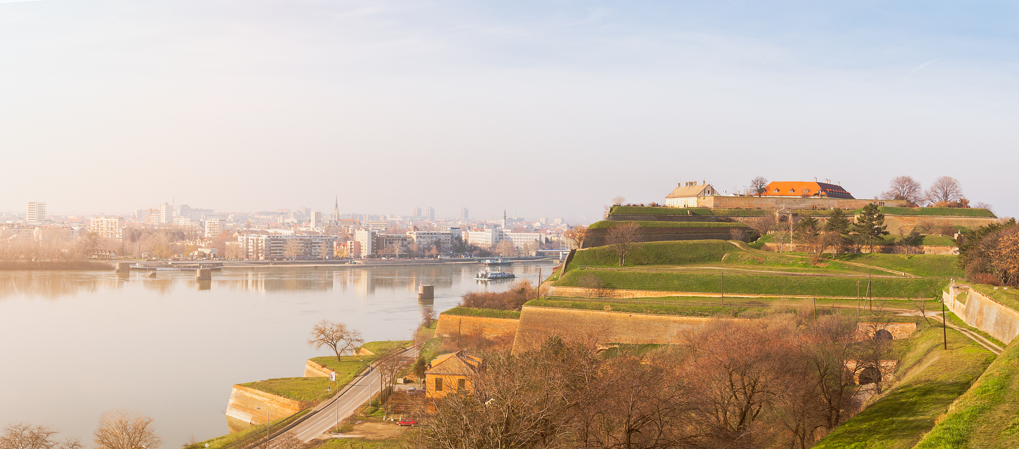panoramic view of novi sad, serbia cityscape with two bridges, d