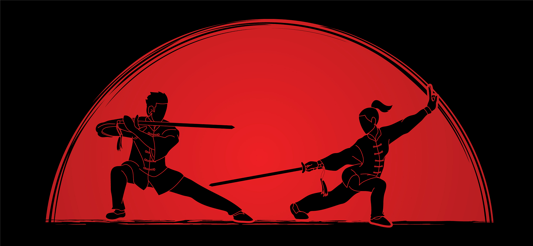 man and woman pose with swords ready to fight