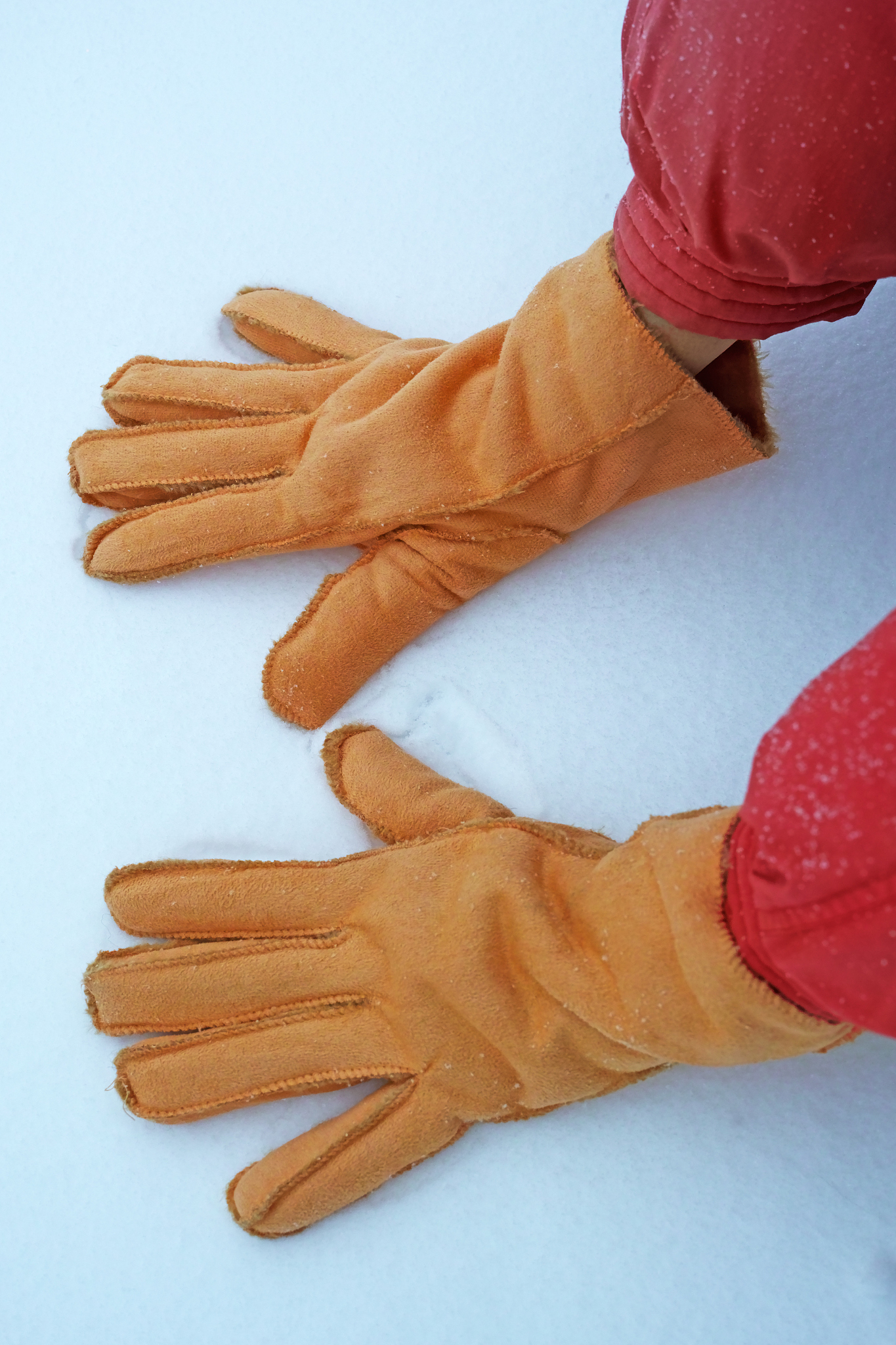 gloved hands in the snow