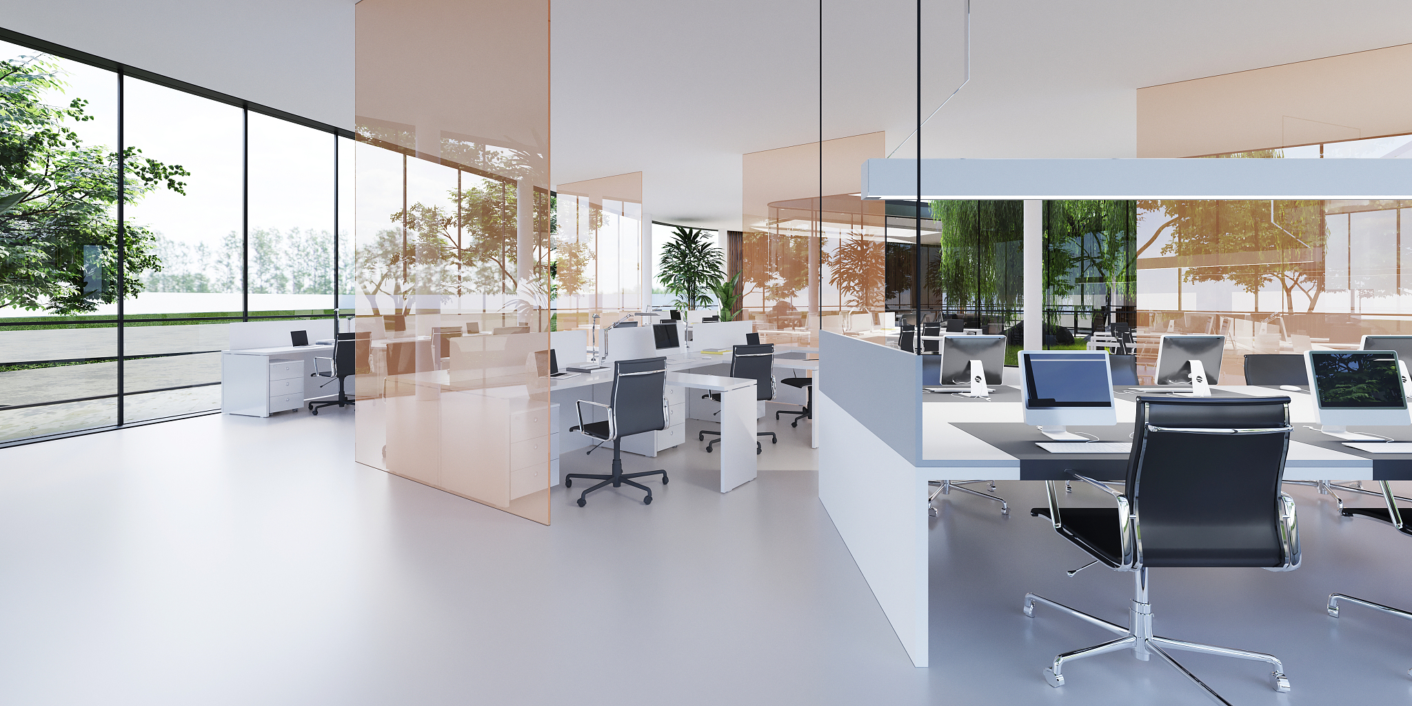 spacious light and lighted office with work desks and glass part