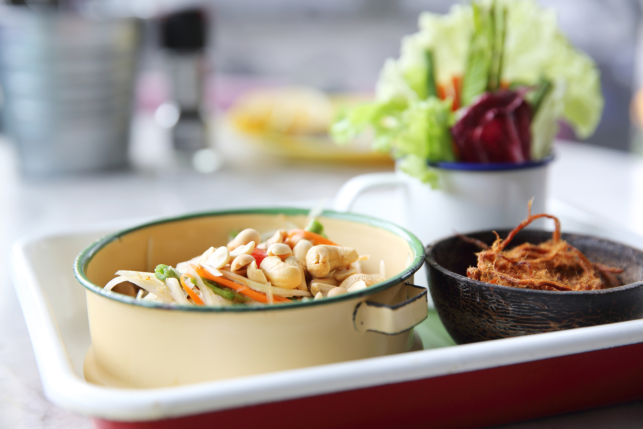 local thai food somtum with pork amd sticky rice