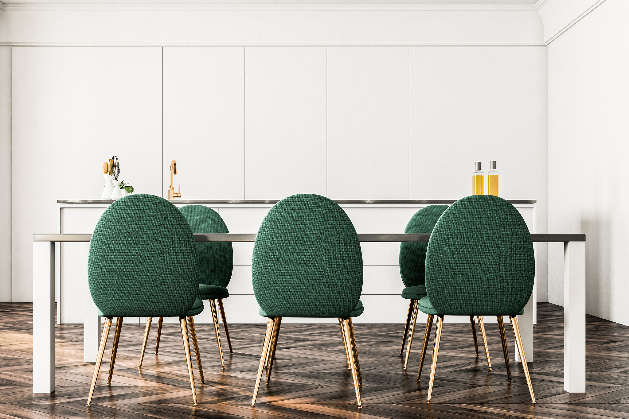 luxury dining room interior, green chairs front