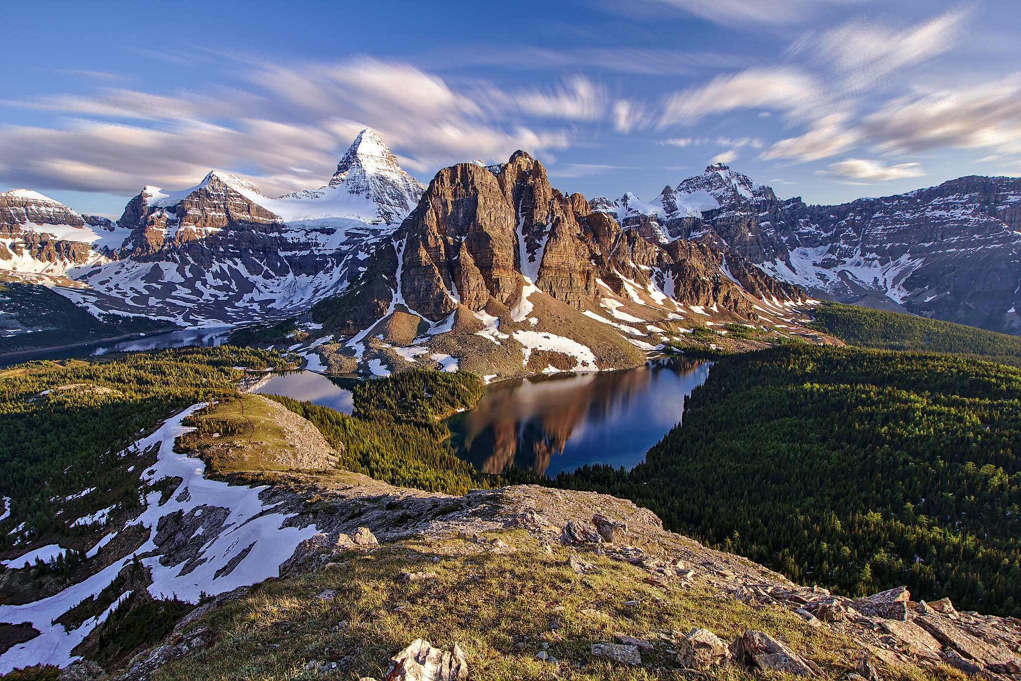 mount assiniboine with magog, sunburst and cerulean lakes as see