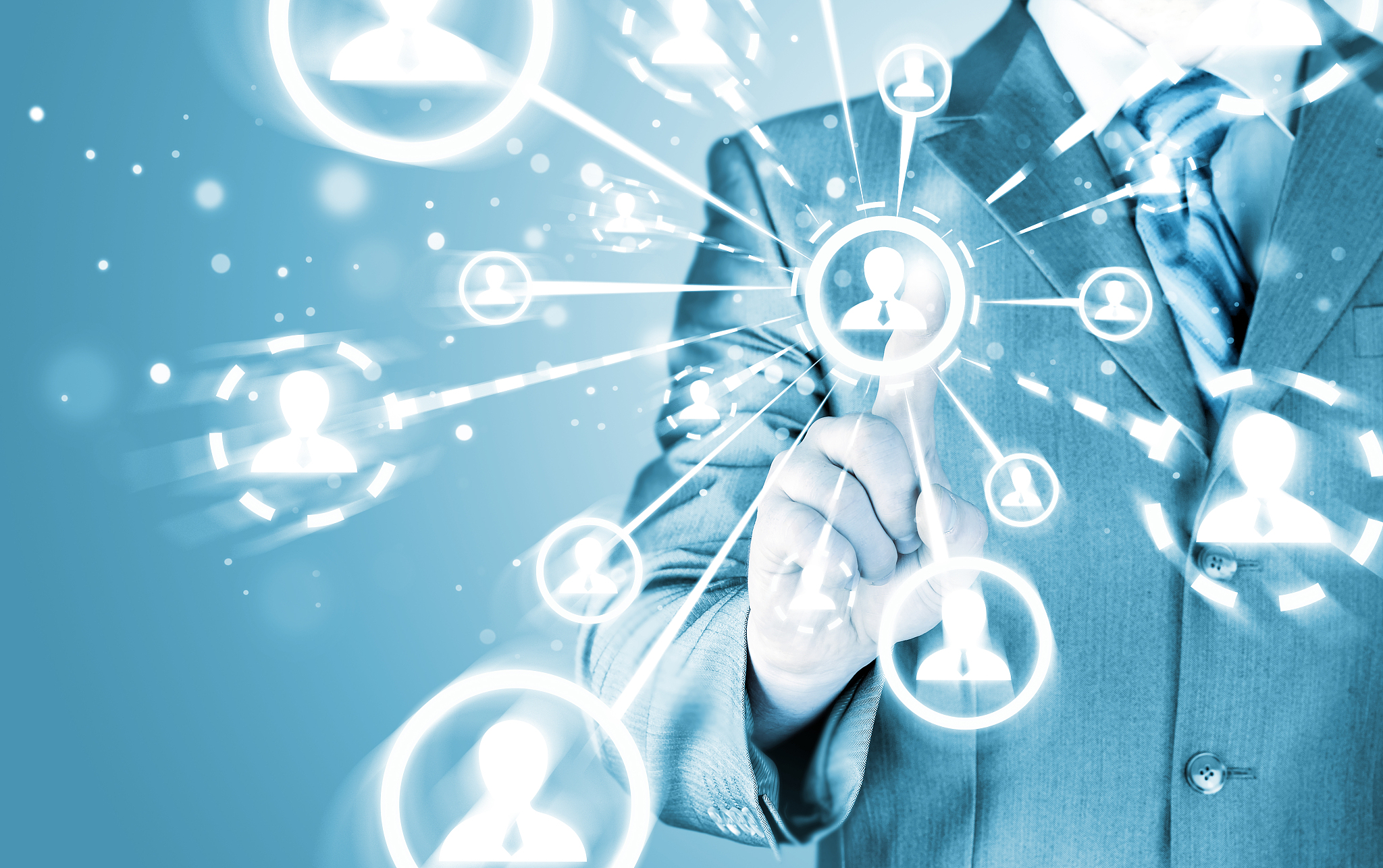 man hand pressing social media icon