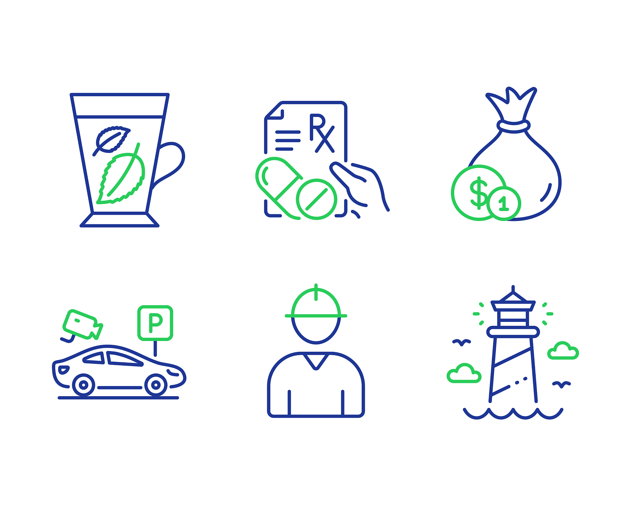 cash prescription drugs and mint leaves icons set
