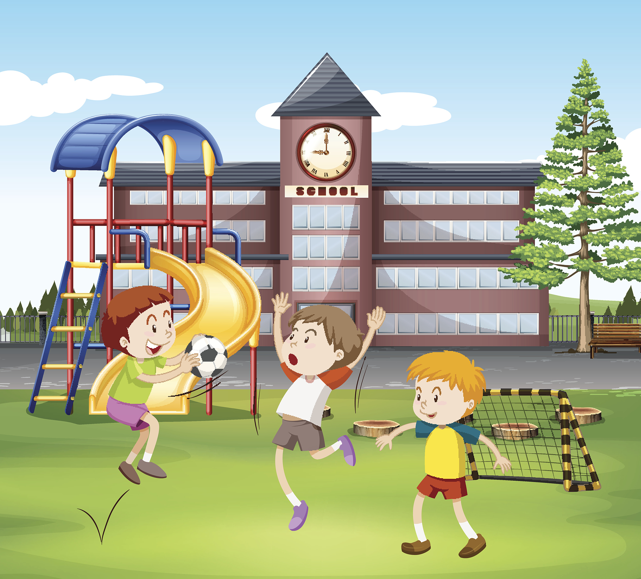 three boys playing soccer in the field